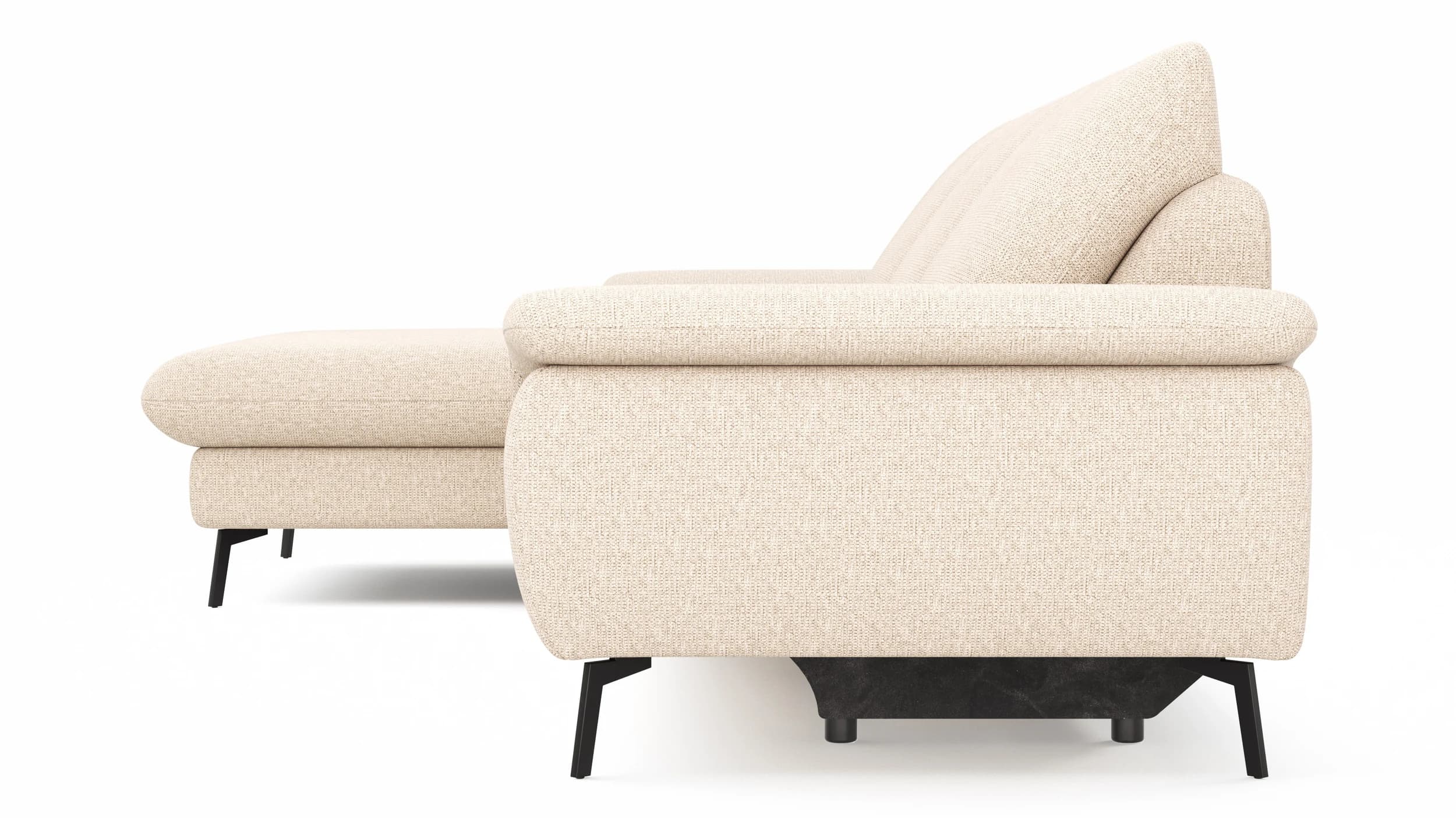 Ecksofa Gotera - Longchair groß mit 1,5-Sitzer med + 1,5-Sitzer med rechts inkl. Schlaffunktion (teilmotorisch), Armlehne klappbar, Rückenlehne verstellbar  und einmal Relaxfunktion (teilmotorisch), Stoff, Creme