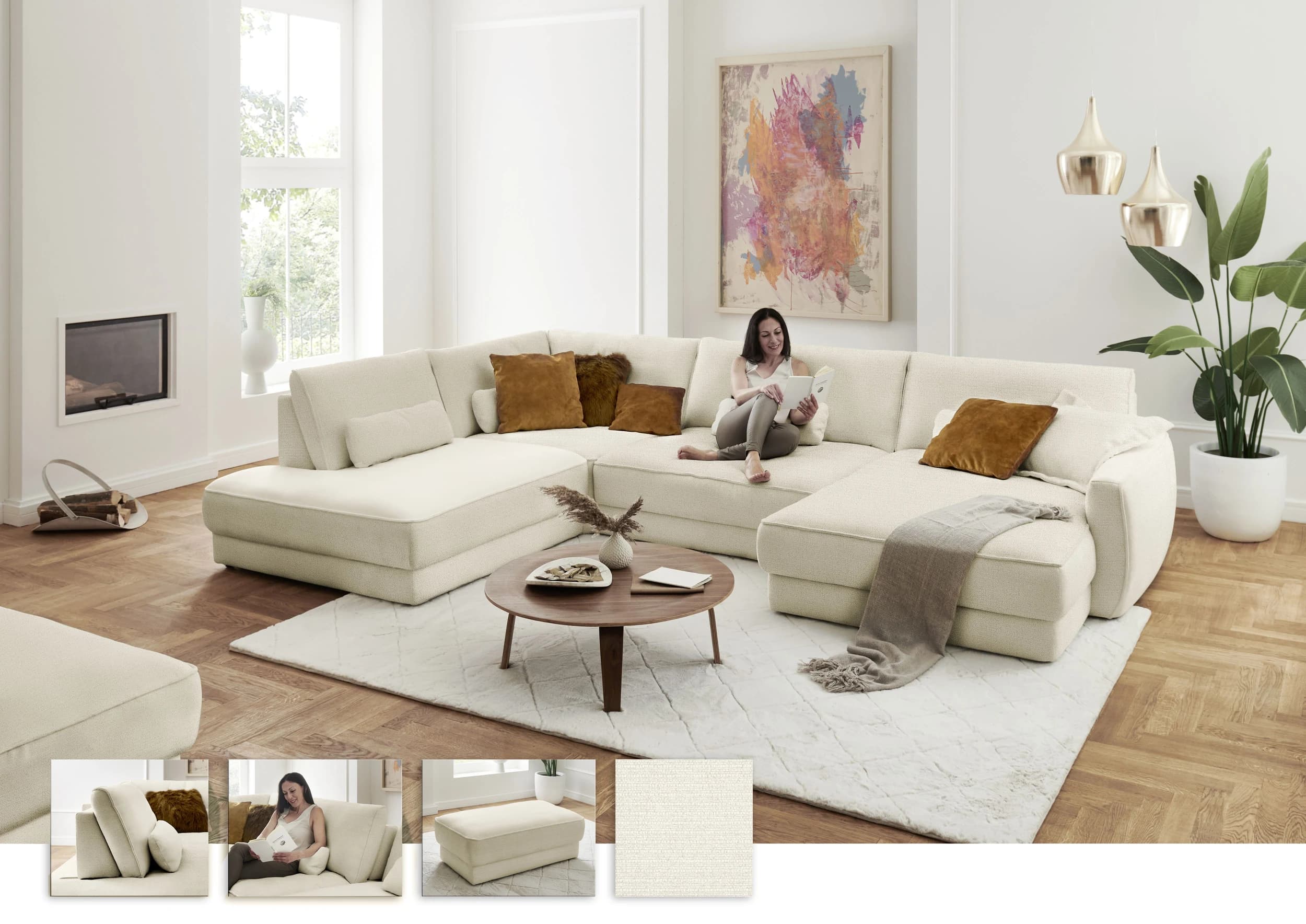 Wohnlandschaft - Ecke links mit Sofa 2-Sitzer und Longchair rechts, Stoff, Natur