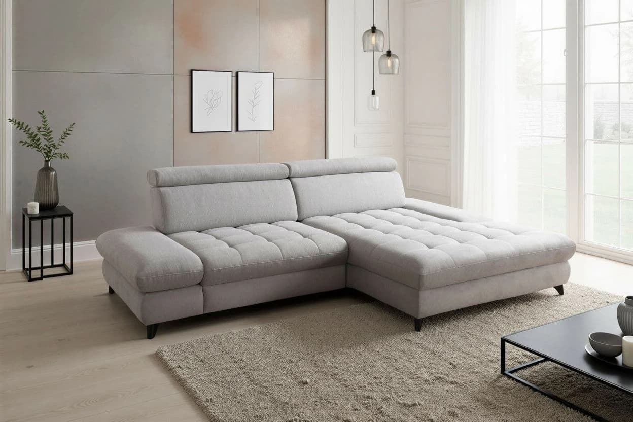 Ecksofa - 1,5-Sitzer mit Longchair rechts, Rückenlehne verstellbar, Stoff, Silbergrau