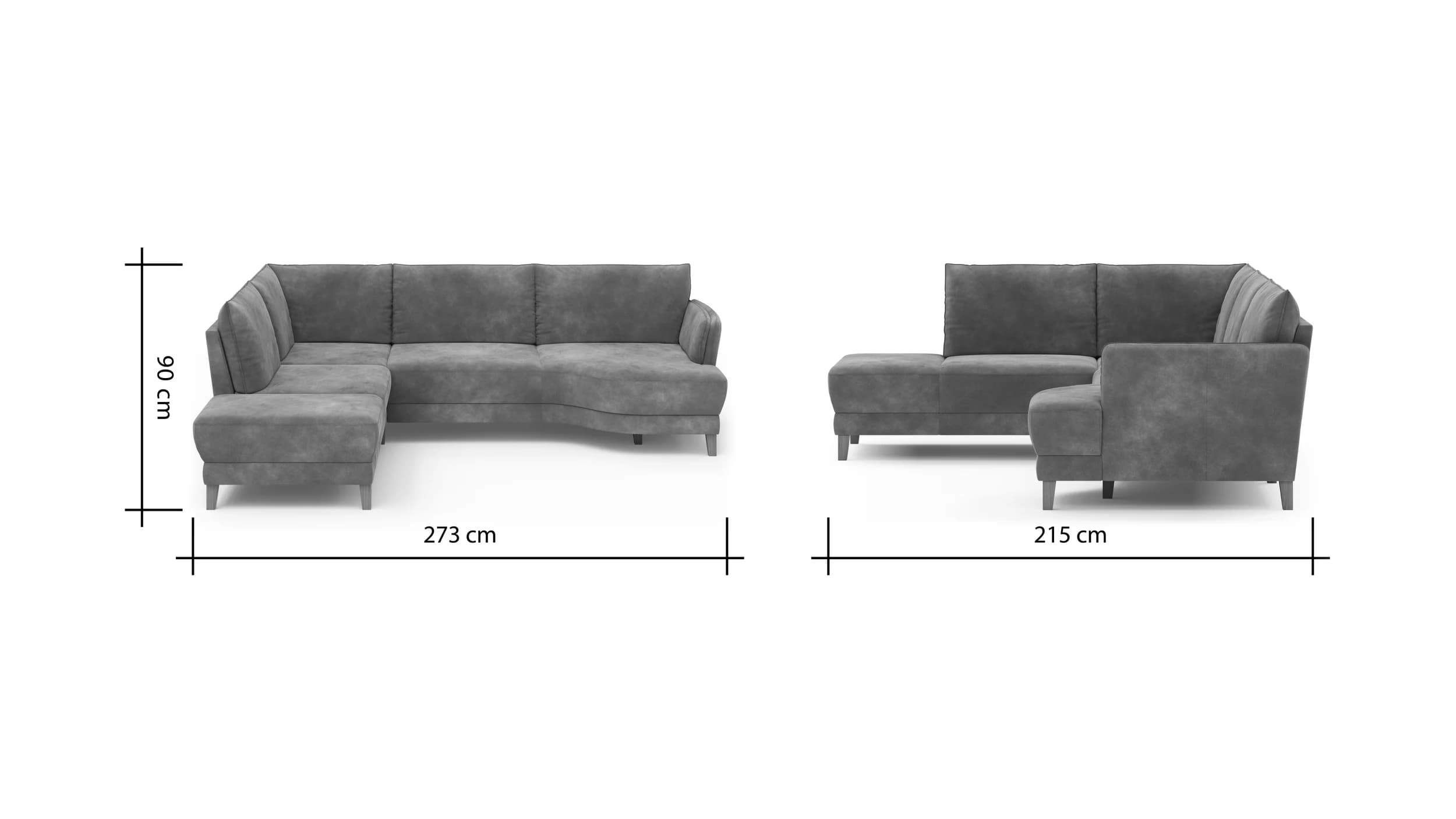 Sofa Stamford - Ecksofa 2-sitzig und Abschlusshocker links mit 3,5-Sitzer, Bogen rechts, Stoff, Anthrazit