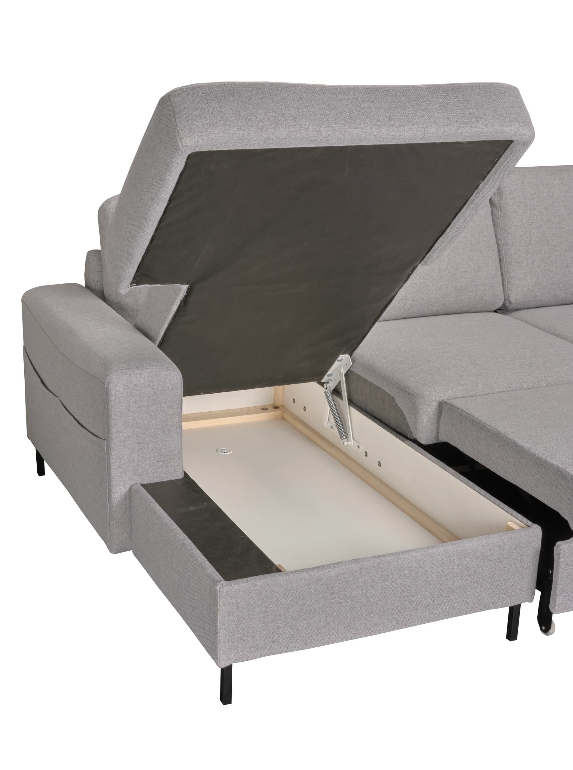 Wohnlandschaft - Longchair links mit 2-Sitzer und Ecke rechts, Schlaffunktion mit Bettkasten, Stoff, Hellgrau