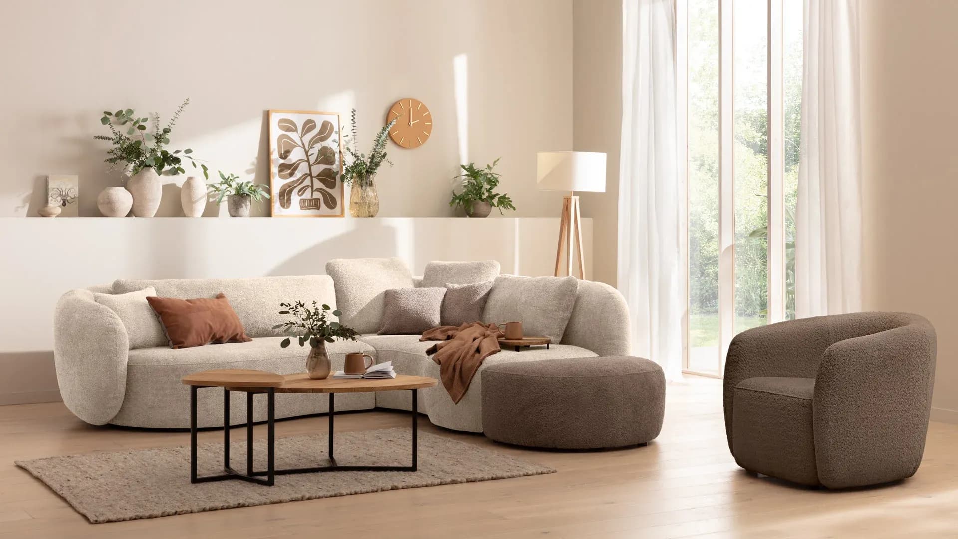Ecksofa Karasu - 3-Sitzer mit Ottomane rechts, Stoff, Natur
