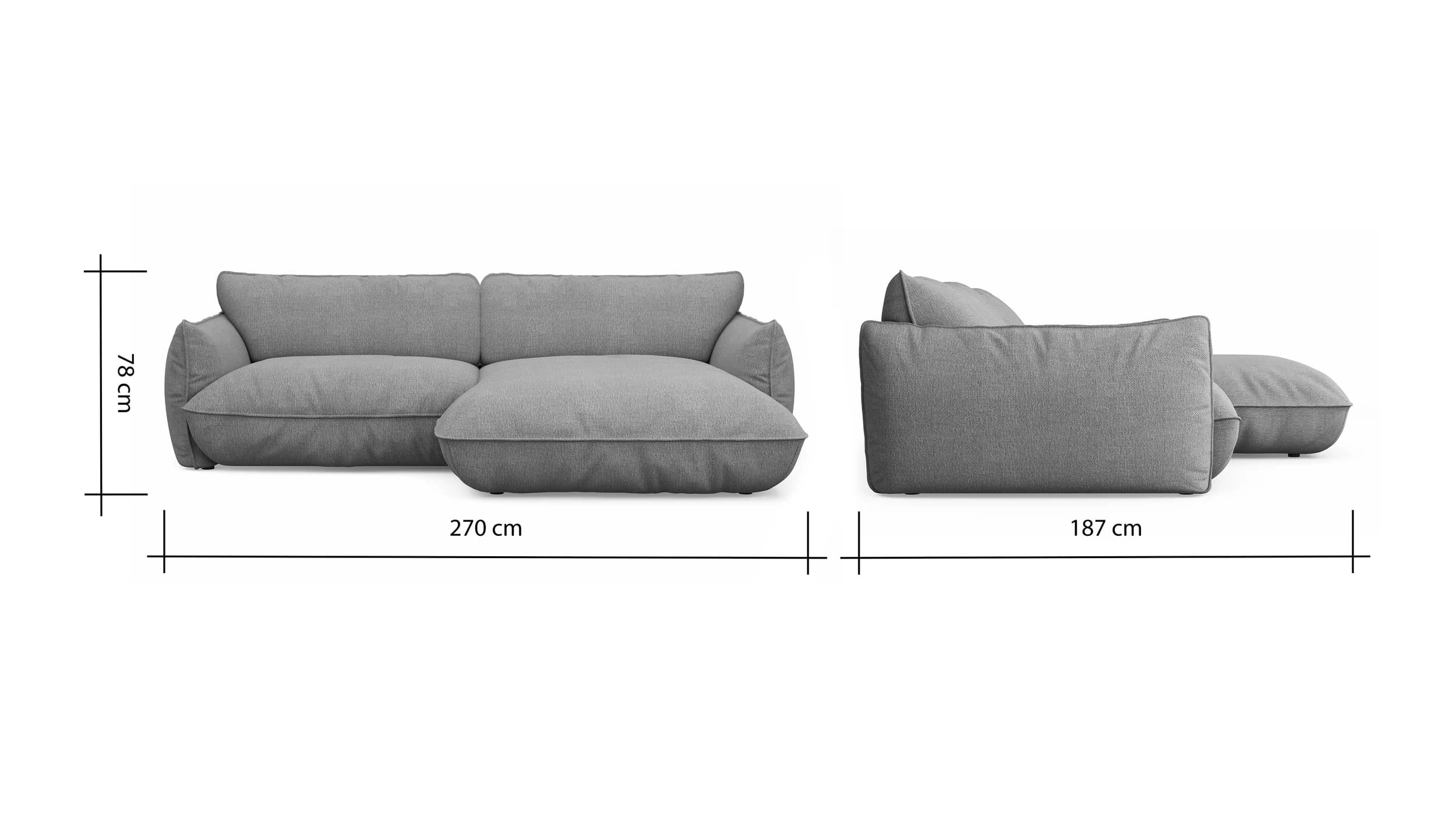 Ecksofa Fluffy - 2,5-Sitzer mit Longchair rechts inkl. Rückenlehne verstellbar, Stoff, Taupe