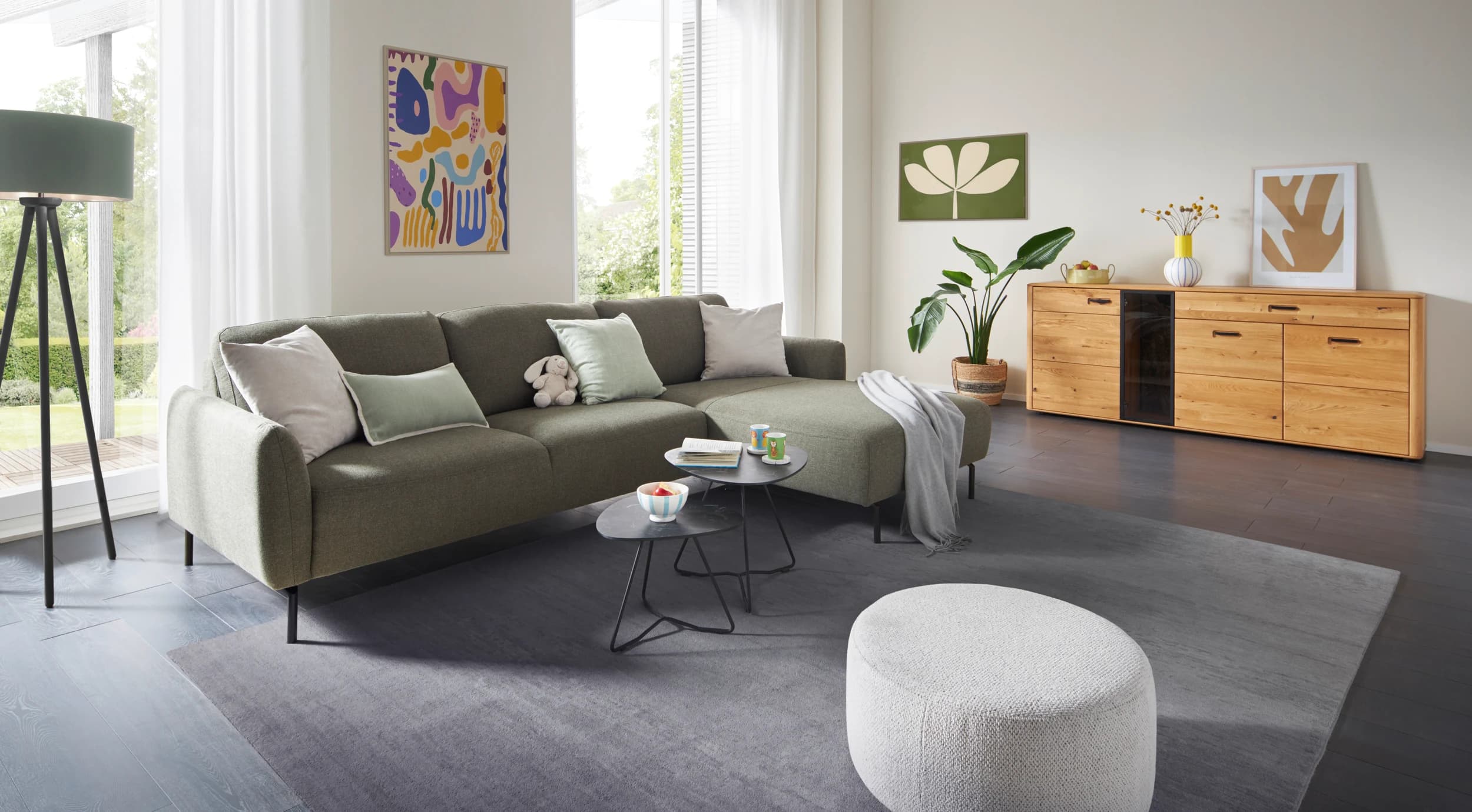 Ecksofa Leona - 3-Sitzer mit Longchair rechts, Stoff, Braungrün