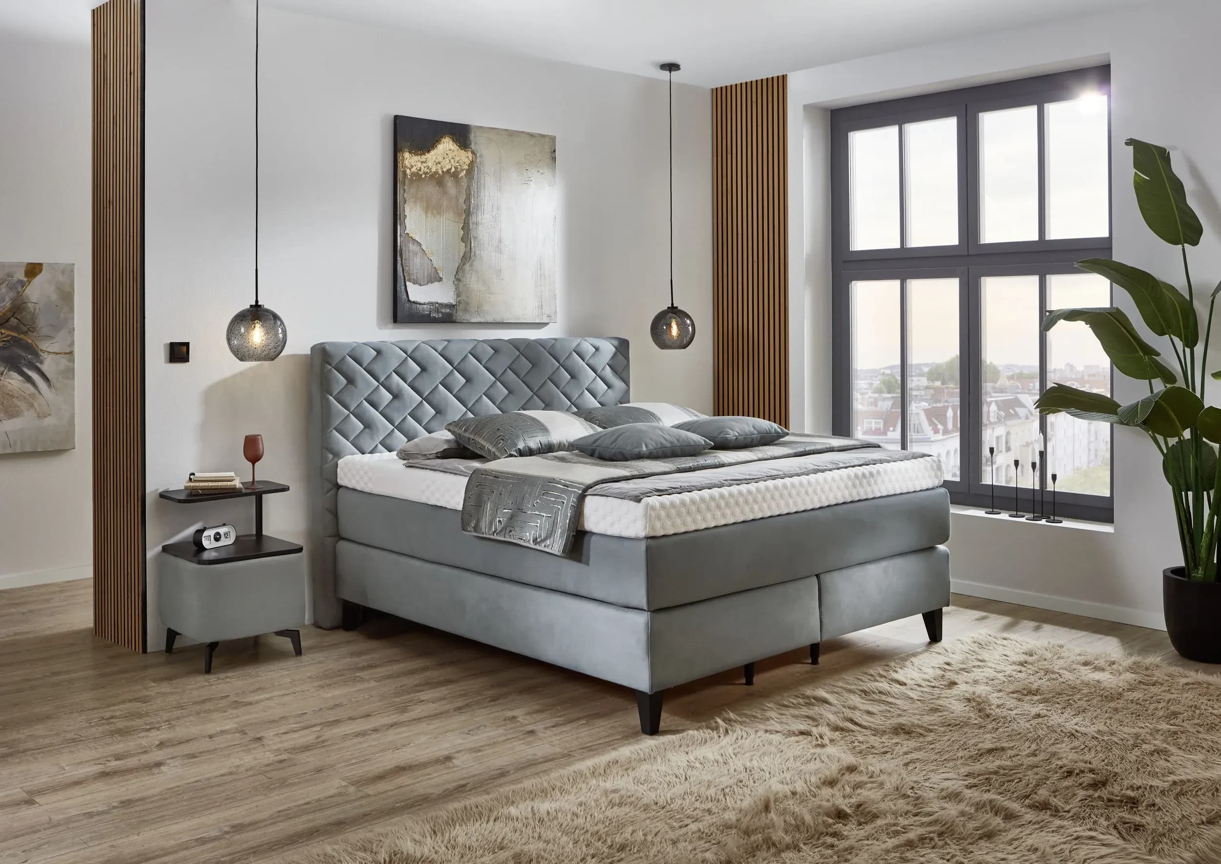Boxspringbett - Liegefläche ca. 180x200 cm, Stoff, Graublau