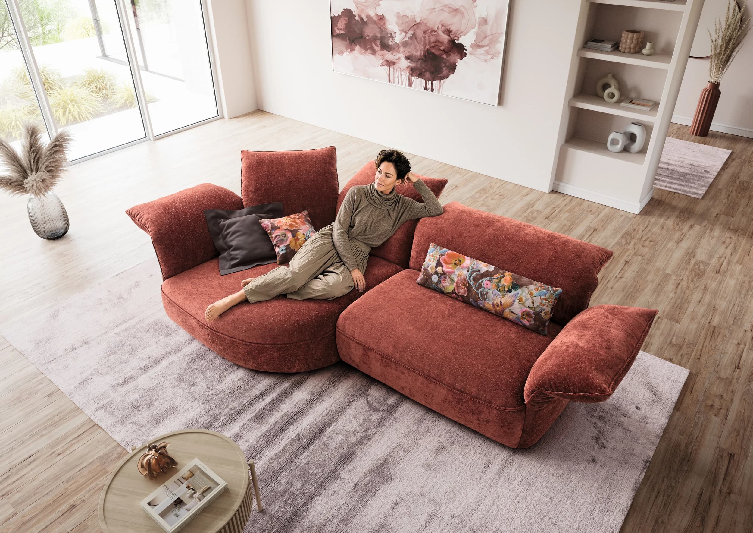 Ecksofa - Ecke links mit 1-Sitzer, Kopfteil/Armlehne verstellbar, Stoff, Rost