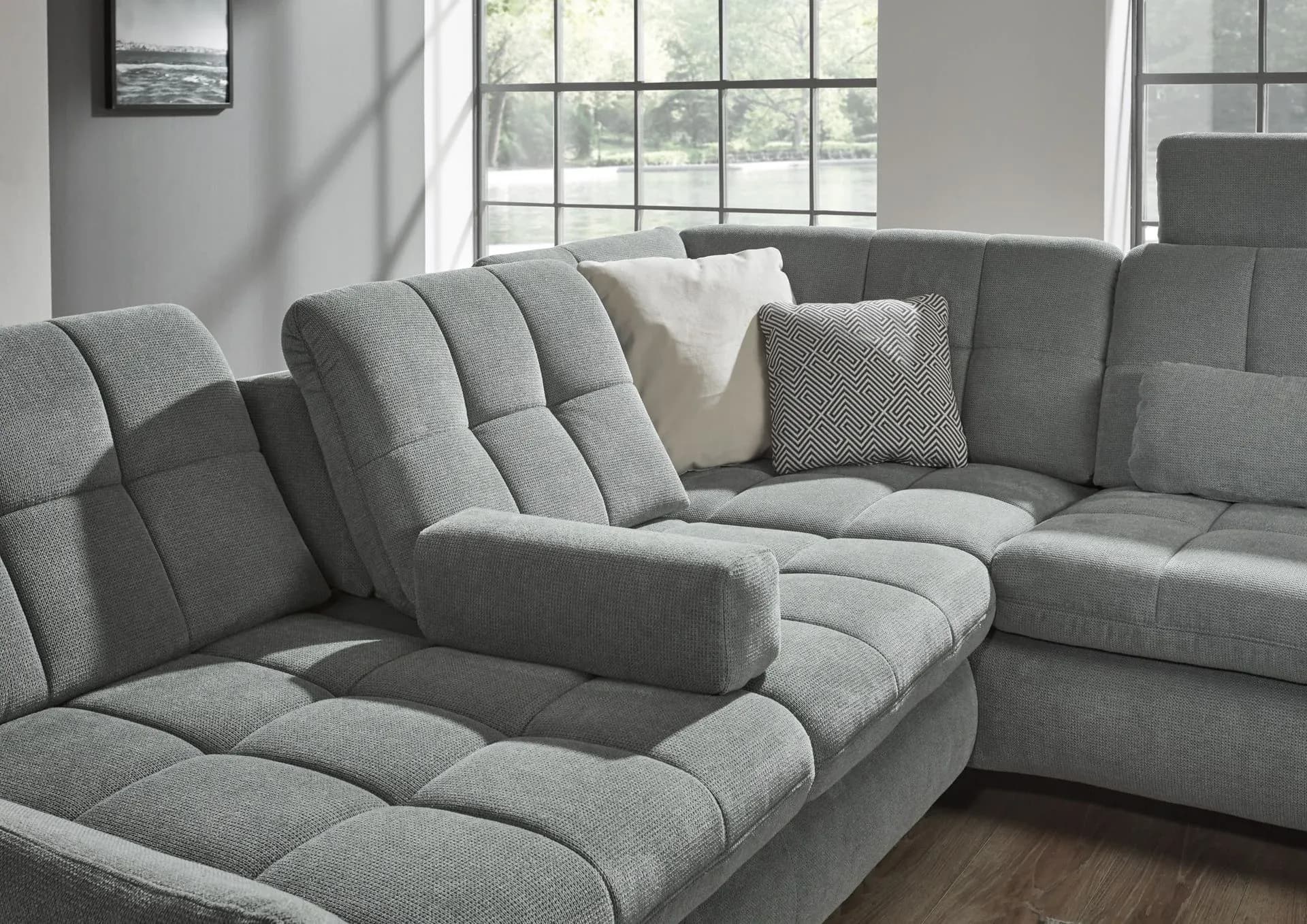 Ecksofa - 2,5-Sitzer mit Ecke rechts, Sitztiefe verstellbar (manuell), Chenilleflachgewebe, Eisengrau