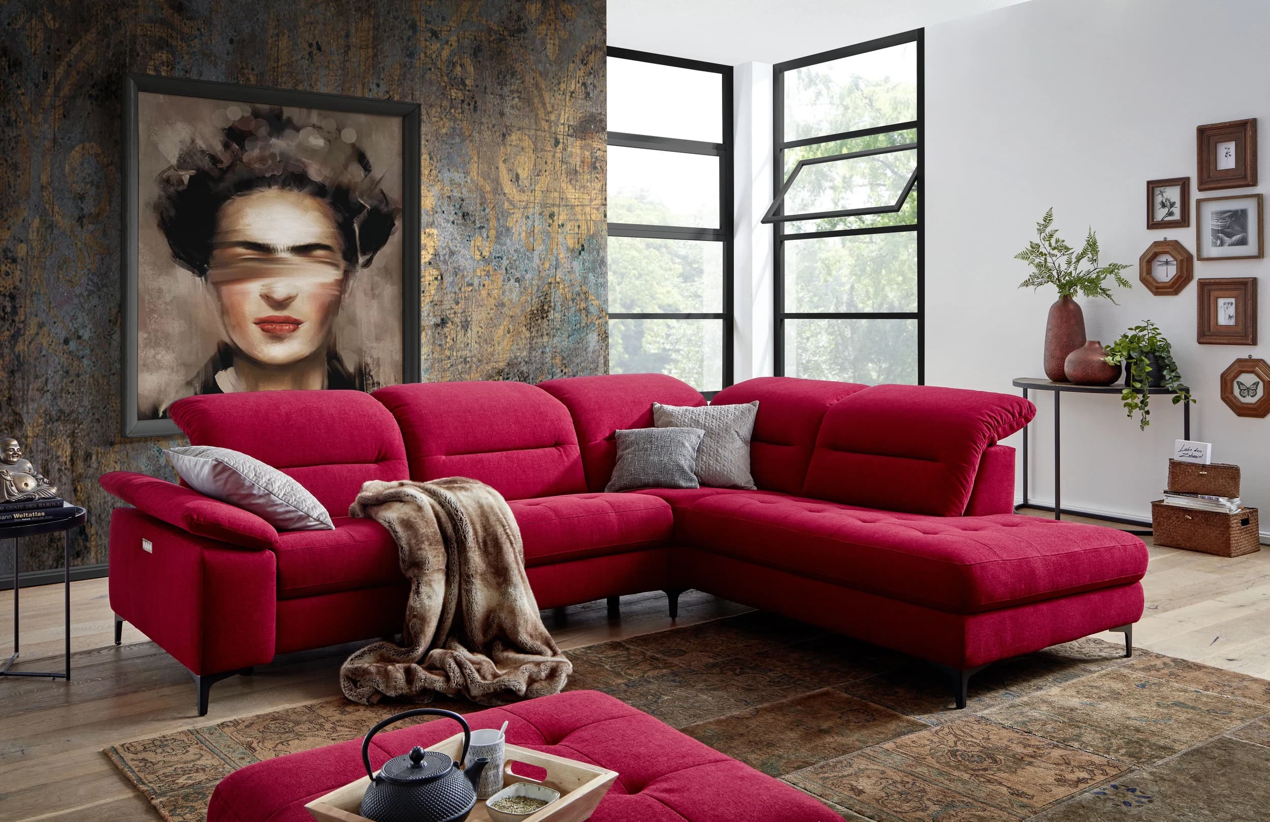 Ecksofa EM Brügge - 3-Sitzer mit Ecke rechts inkl. Kopfteil und Armlehne verstellbar, Stoff, Rot