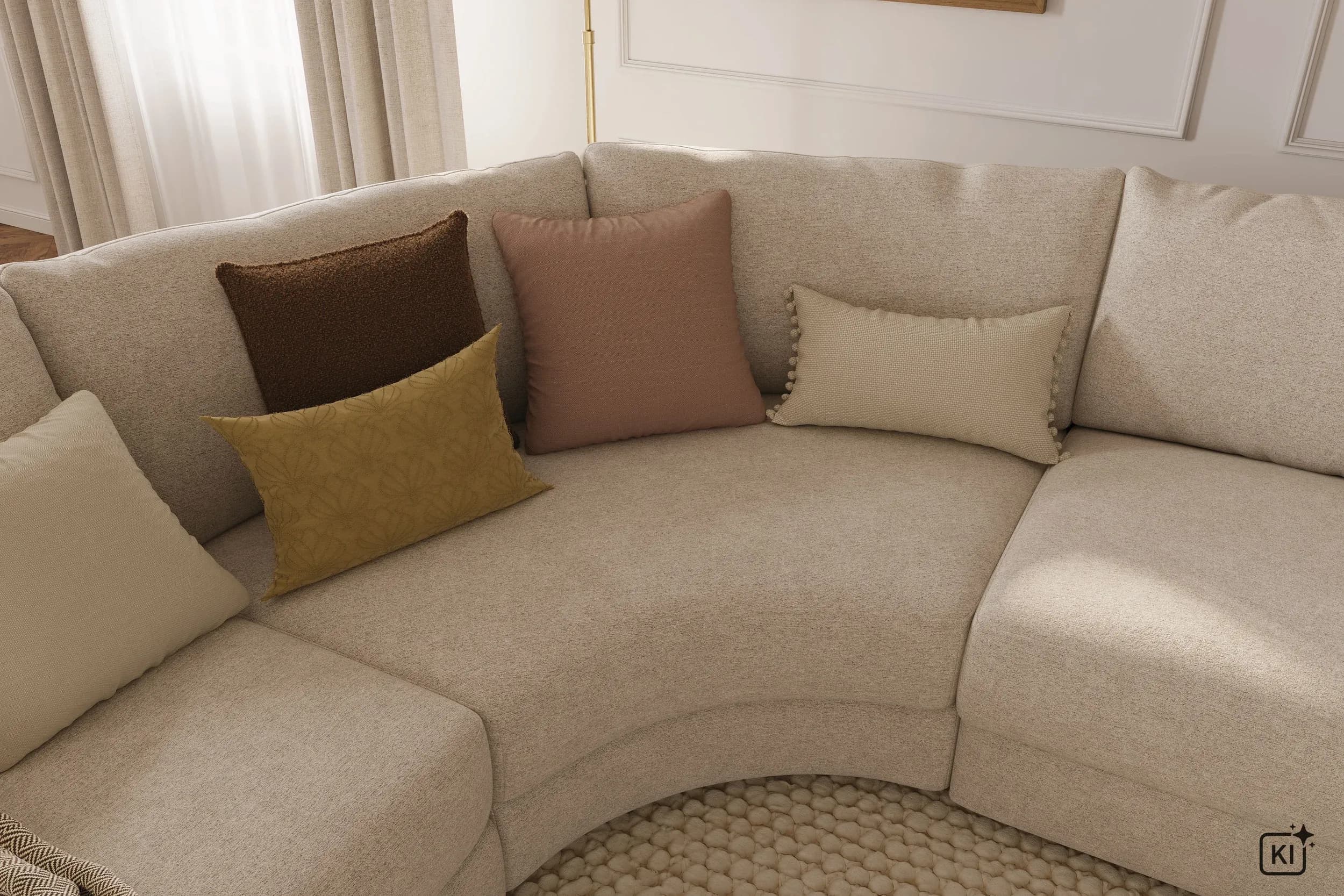 Ecksofa Almeria - Rundecke und Abschlussteil mit 2-Sitzer rechts, Stoff, Offwhite
