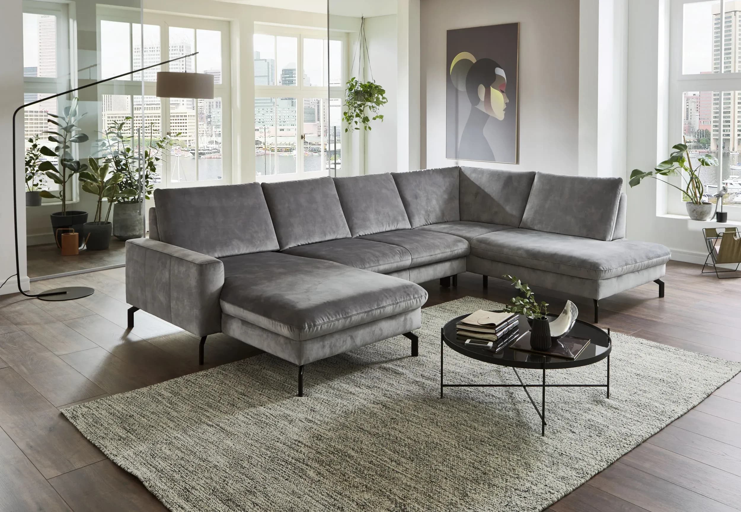 Wohnlandschaft - Longchair links, 2,5-Sitzer, Ecke rechts, Velour, Silbergrau