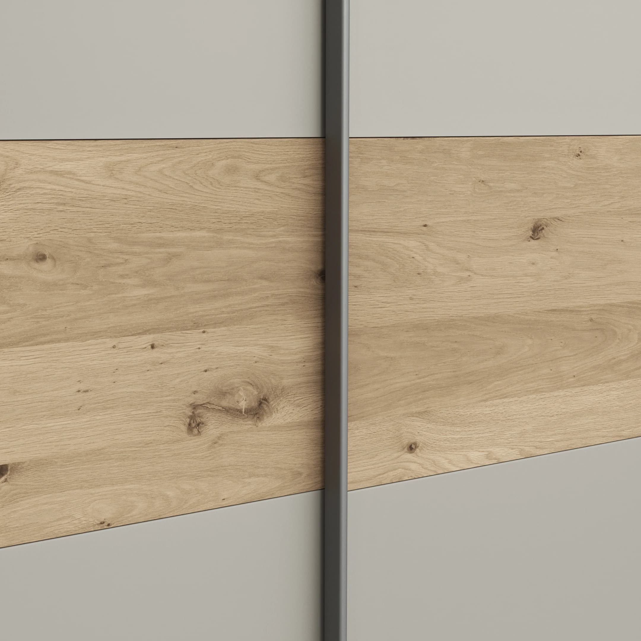 Schwebetürenschrank Viana - B ca. 188 cm, Furnier, Balkeneiche, Hellgrau