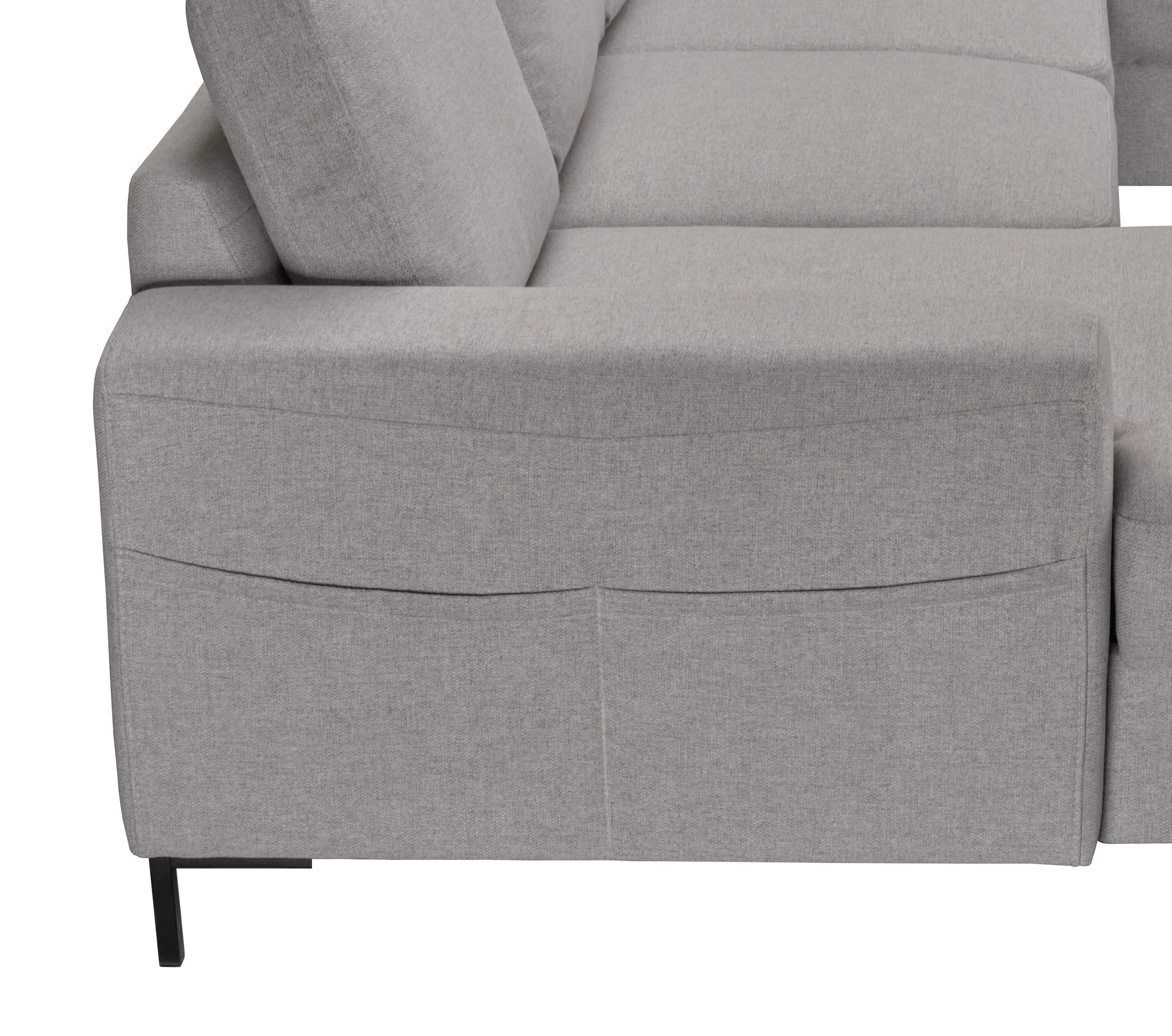 Wohnlandschaft - Longchair links mit 2-Sitzer und Ecke rechts, Schlaffunktion mit Bettkasten, Stoff, Hellgrau