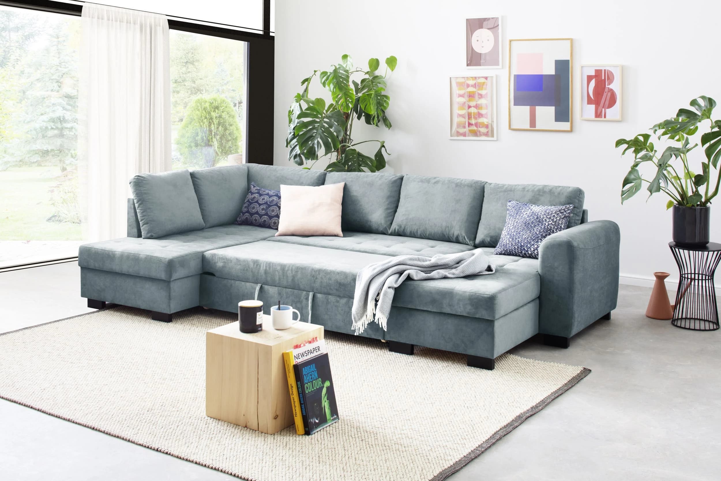 Wohnlandschaft - Ecke links, 2-Sitzer, Longchair rechts, Stoff, Blau