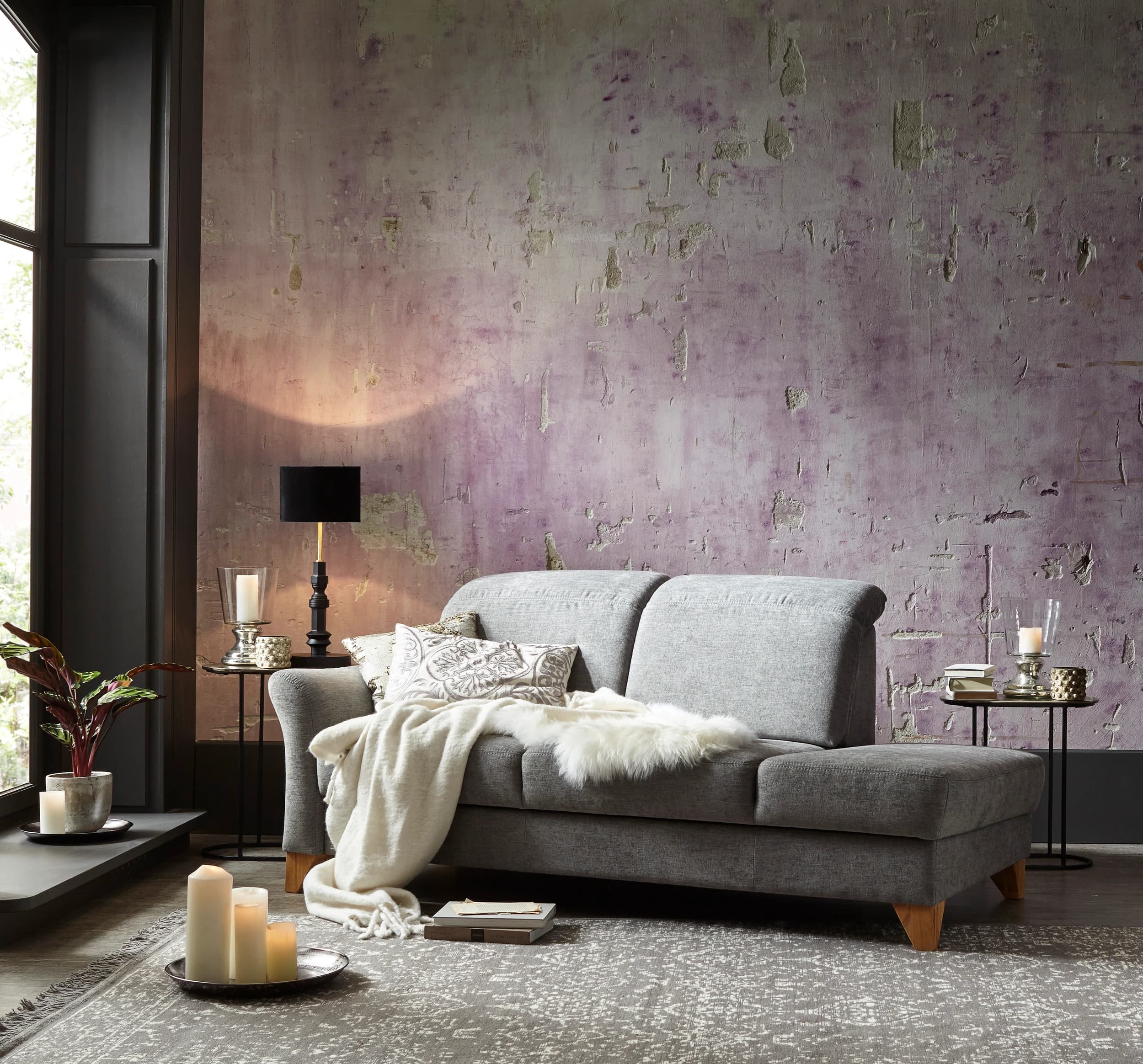 Sofa Canterbury - Recamiere links, inkl. Sitzvorzug (motorisch), Stoff, Silbergrau