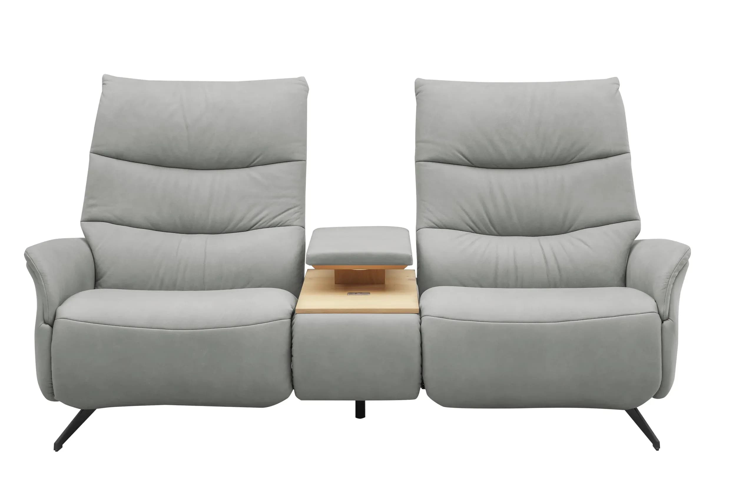 Sofa EM Lun - 2,5-Sitzer, Tisch mit Kissen, Relaxfunktion, Kopfteilverstellung, Leder, grau