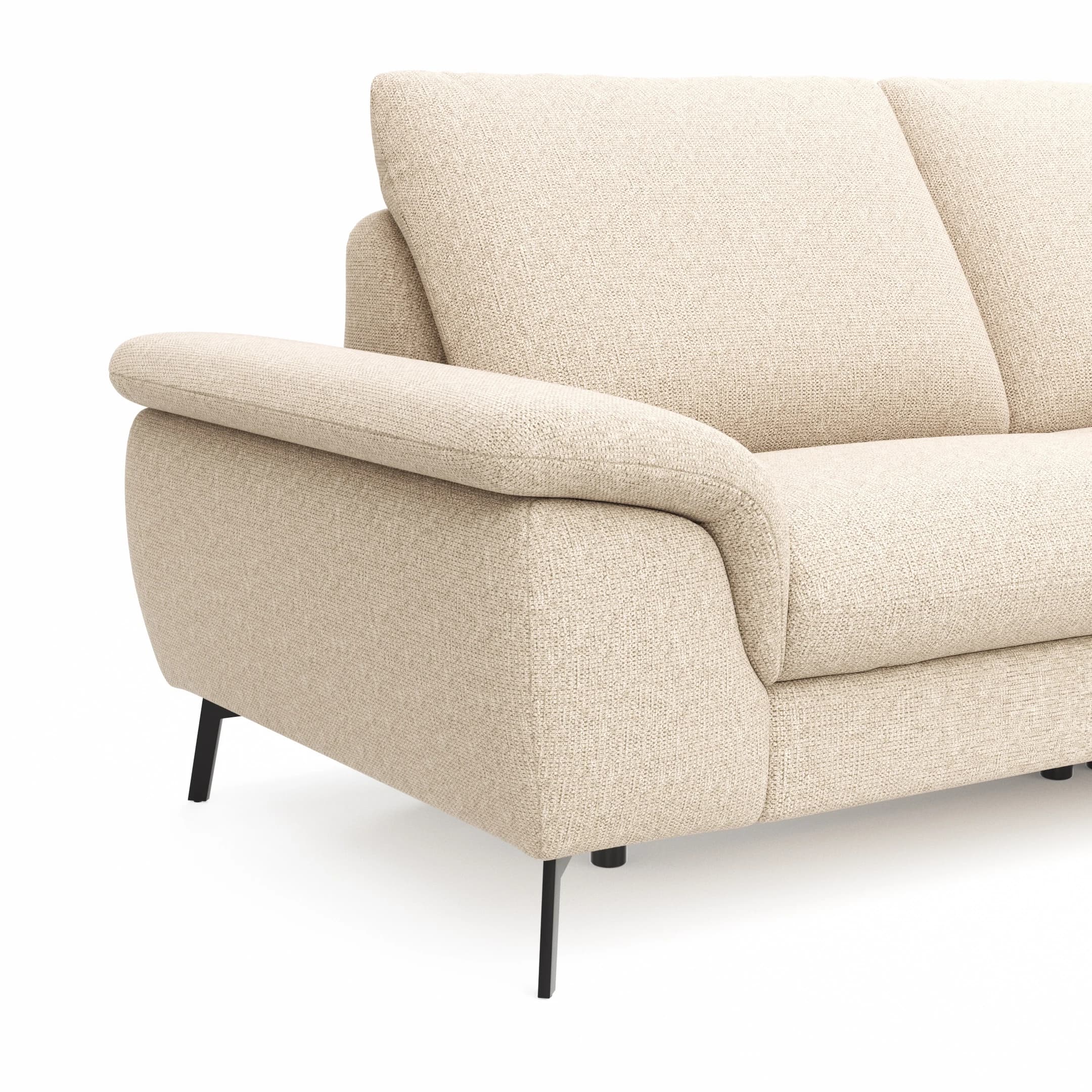 Ecksofa Gotera - 1,5-Sitzer med + 1,5-Sitzer med mit Longchair groß rechts inkl. Schlaffunktion (teilmotorisch), Armlehne klappbar, Rückenlehne verstellbar  und einmal Relaxfunktion (teilmotorisch), Stoff, Creme