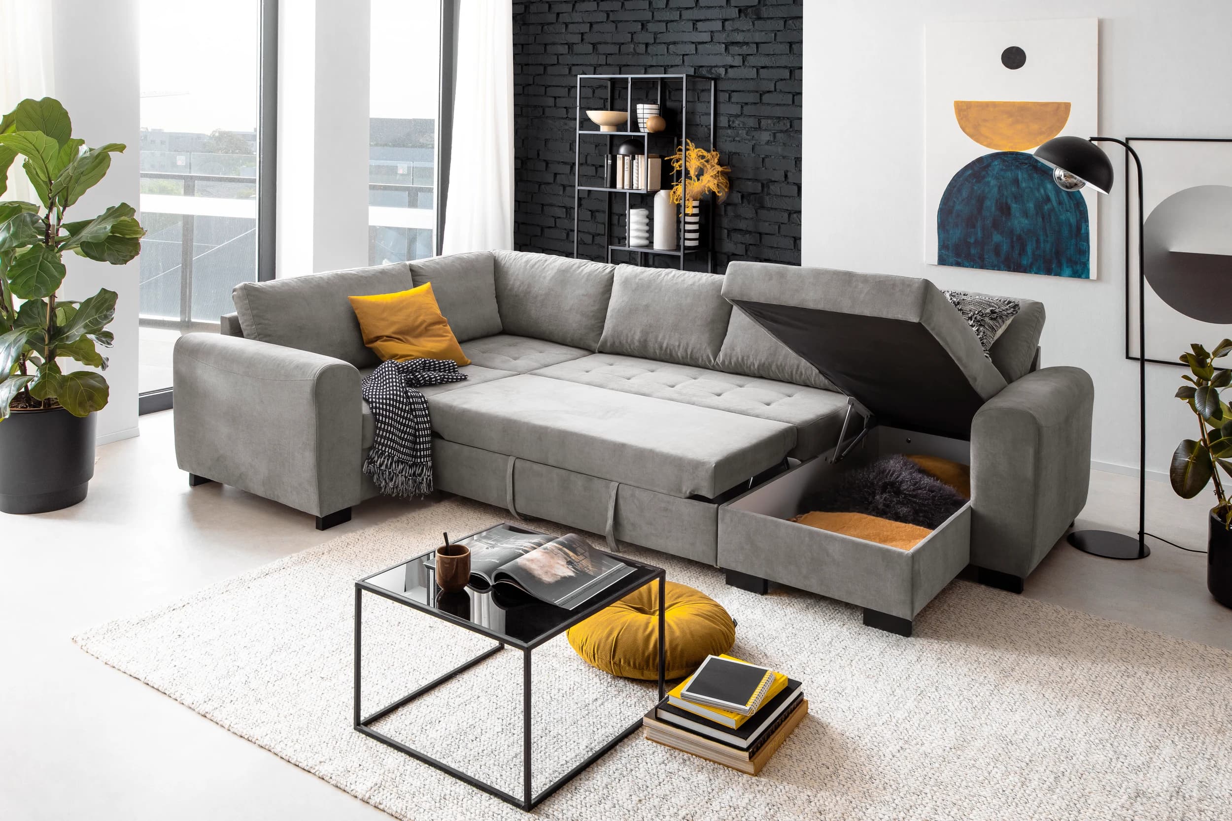 Wohnlandschaft - Ecke rechts, 2-Sitzer, Longchair links, Stoff, Grau