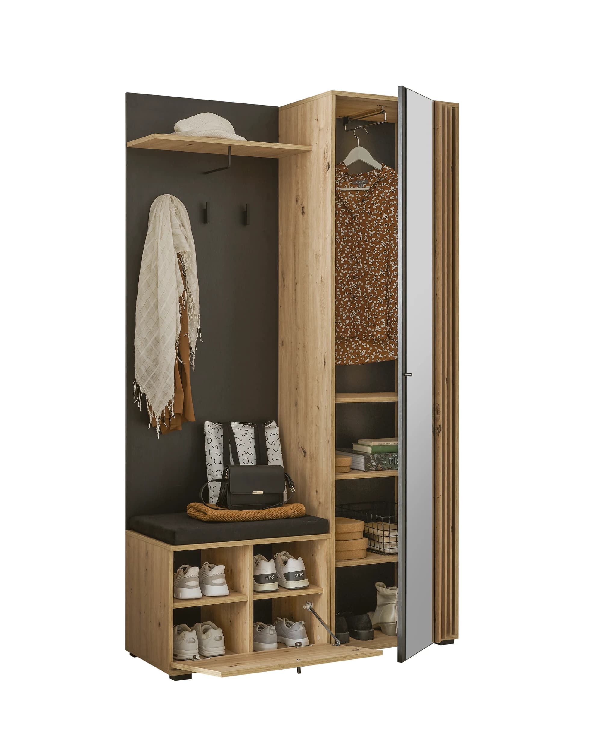Kompaktgarderobe- Eiche Dekor, Schwarz