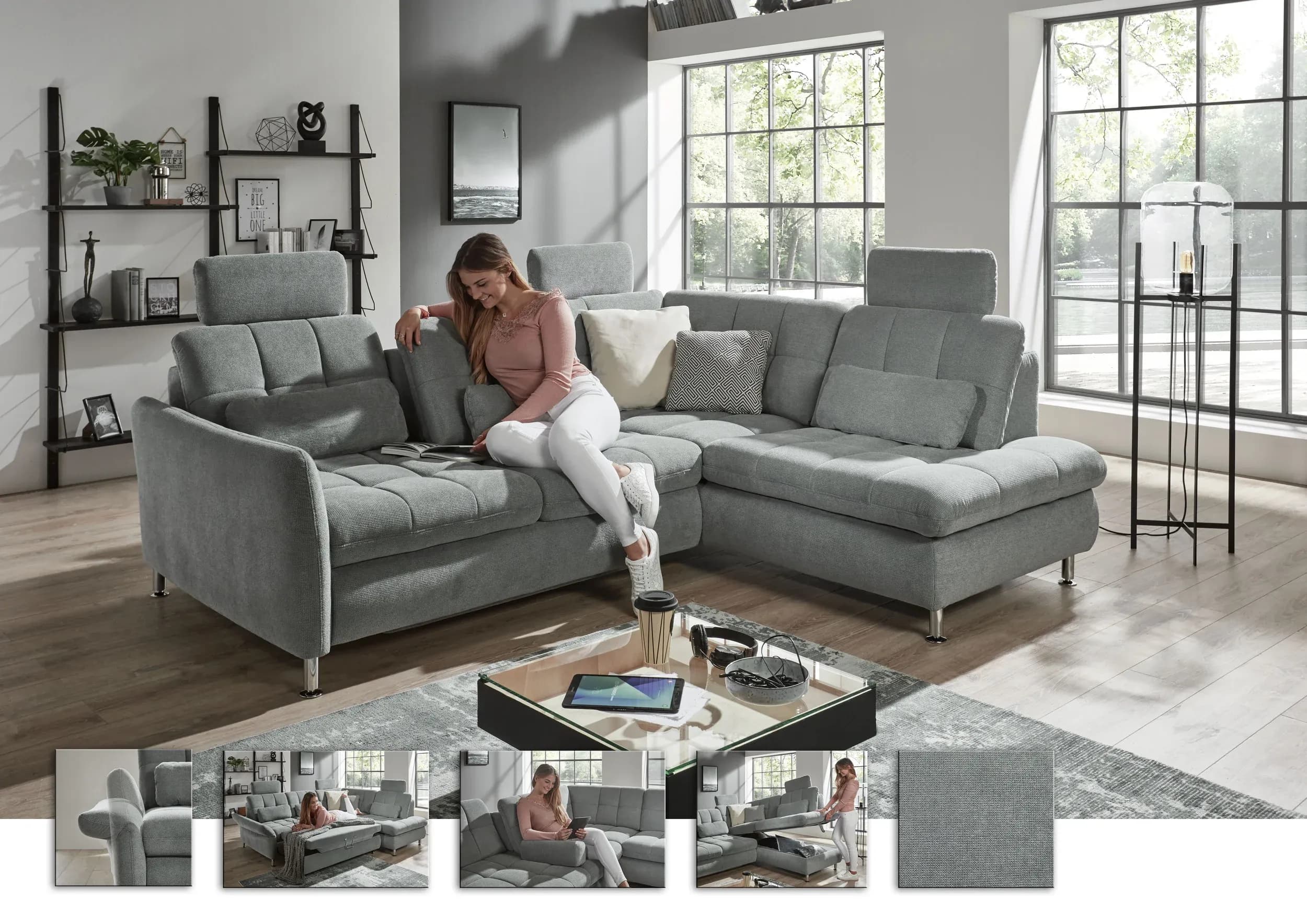 Ecksofa - 2,5-Sitzer mit Ecke rechts, Sitztiefe verstellbar (manuell), Chenilleflachgewebe, Eisengrau