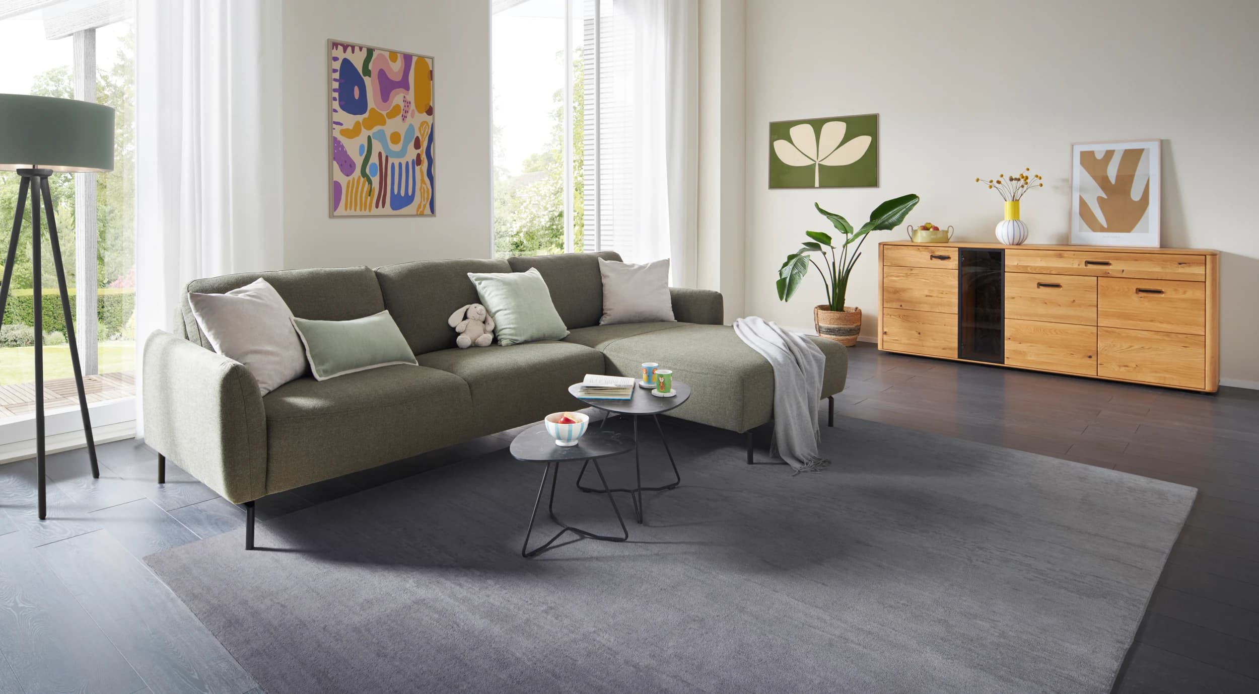 Ecksofa Leona - 3-Sitzer mit Longchair rechts, Stoff, Braungrün