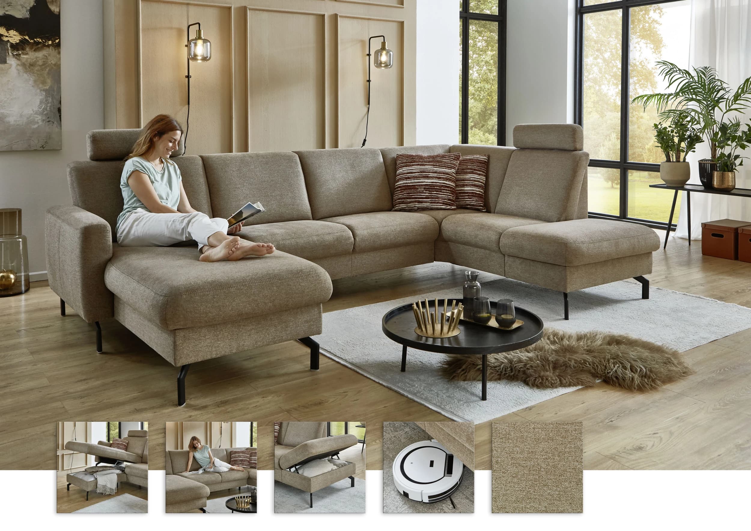 Wohnlandschaft - Longchair links mit 2,5-Sitzer und Ecke rechts. Stoff, Mandel