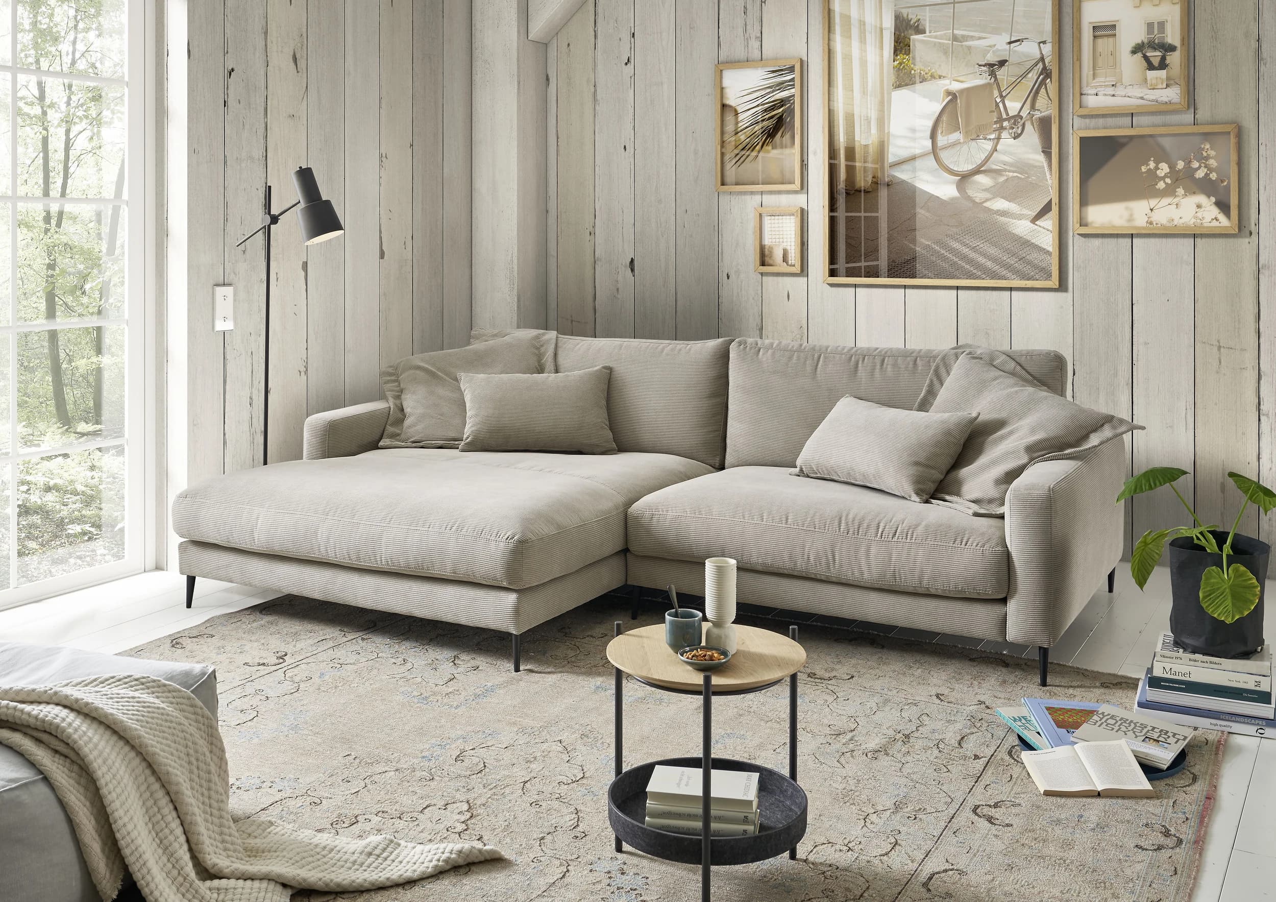 Ecksofa - Longchair links mit 1,5-Sitzer, Stoff, Sand