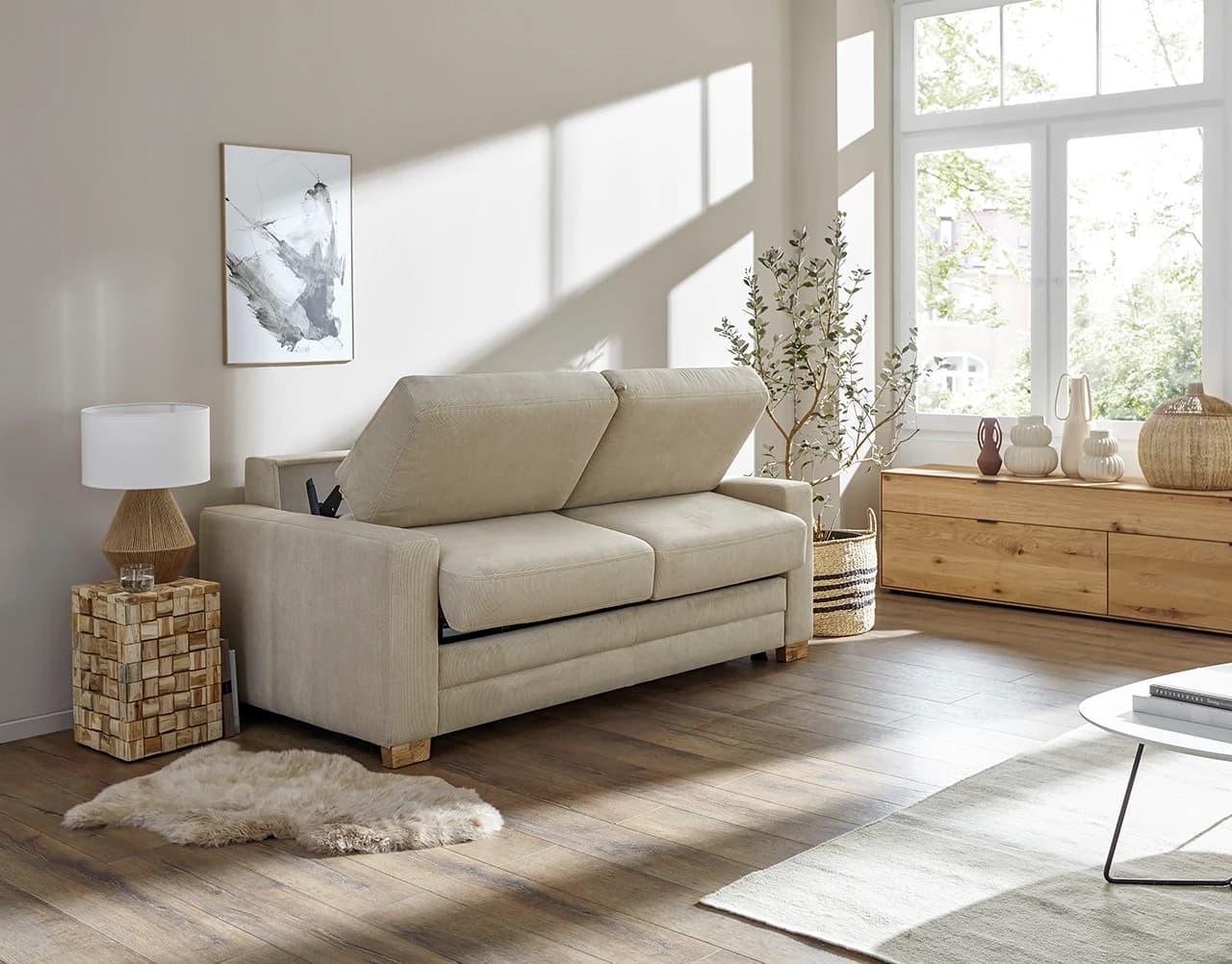 Sofa Lakeville 1 - 2-Sitzer inkl. Schlaffunktion, Gestell Schwarz, Stoff, Beige