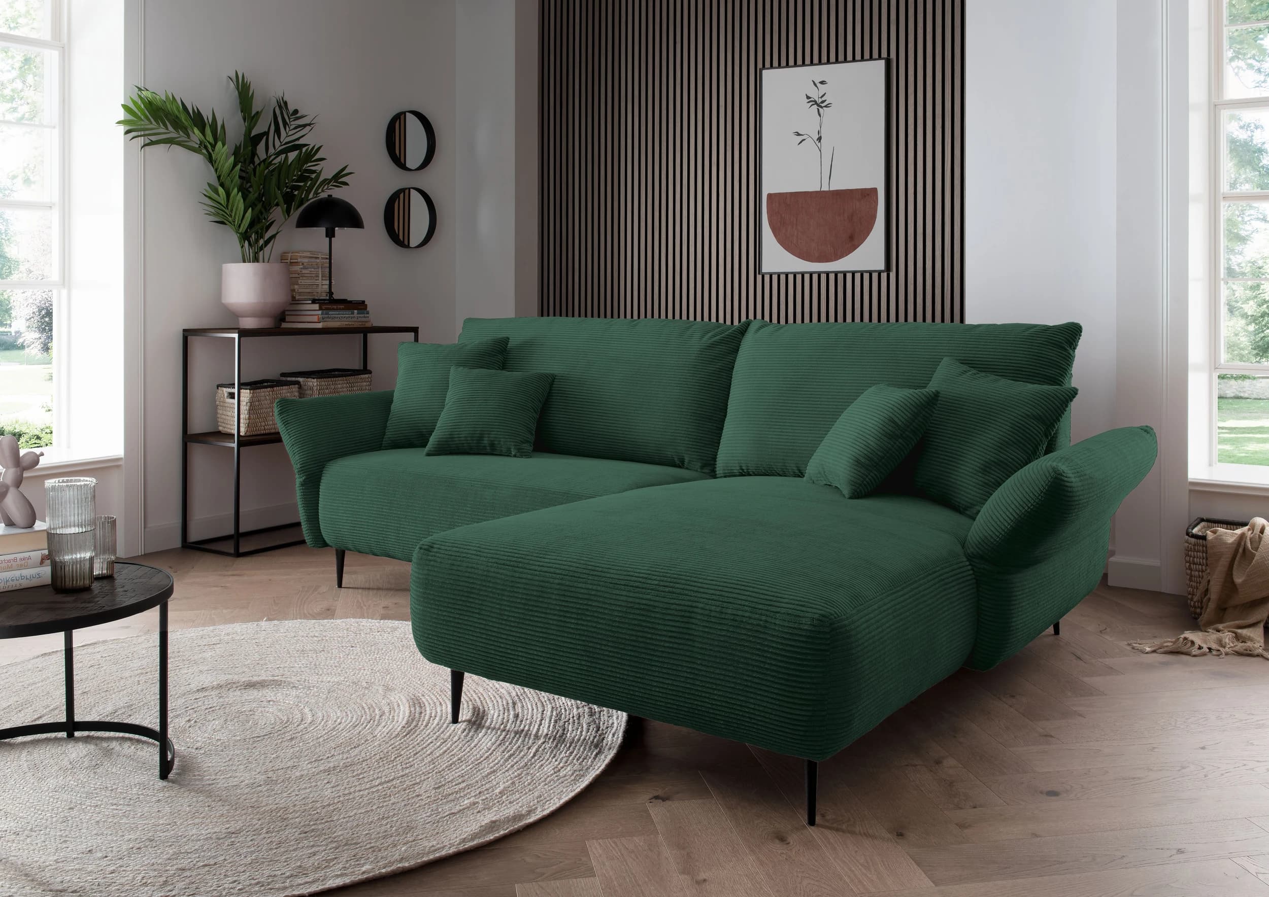 Ecksofa -2-Sitzer mit Longchair rechts, Armlehne verstellbar, Stoff, Moosgrün