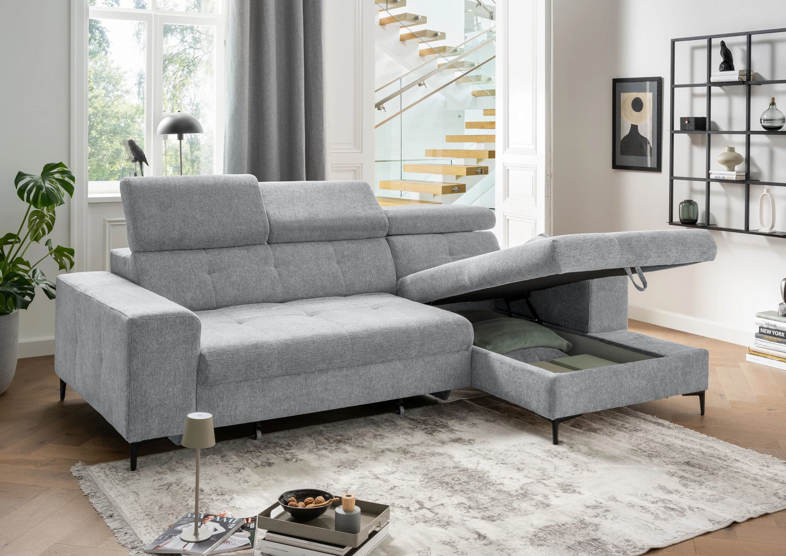 Ecksofa - Longchair links mit 2-Sitzer, Sitzvorzug motorisch, Stoff, Mint