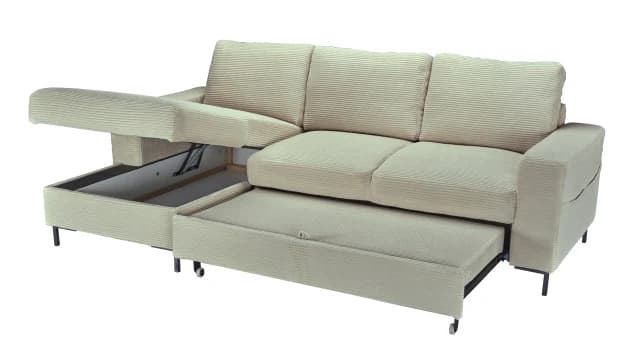 Ecksofa - Longchair links mit 2-Sitzer, Schlaffunktion mit Bettkasten, Stoff, Creme