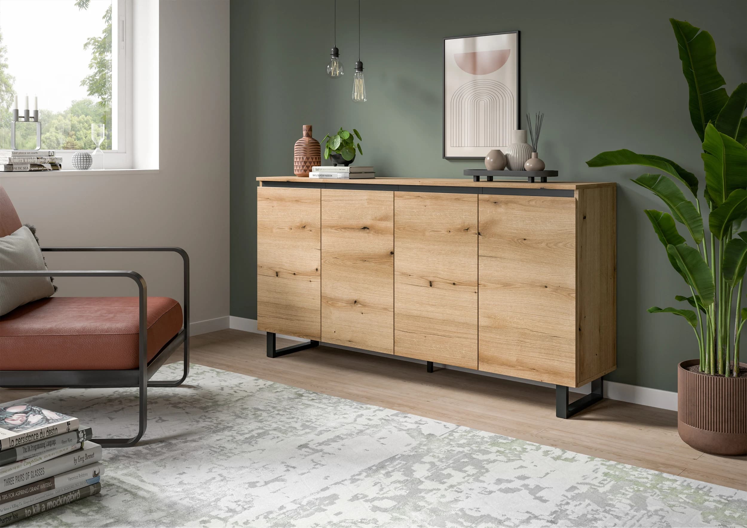 Sideboard - B ca. 160 cm, Evoke Eiche Nachbildung, Schwarz