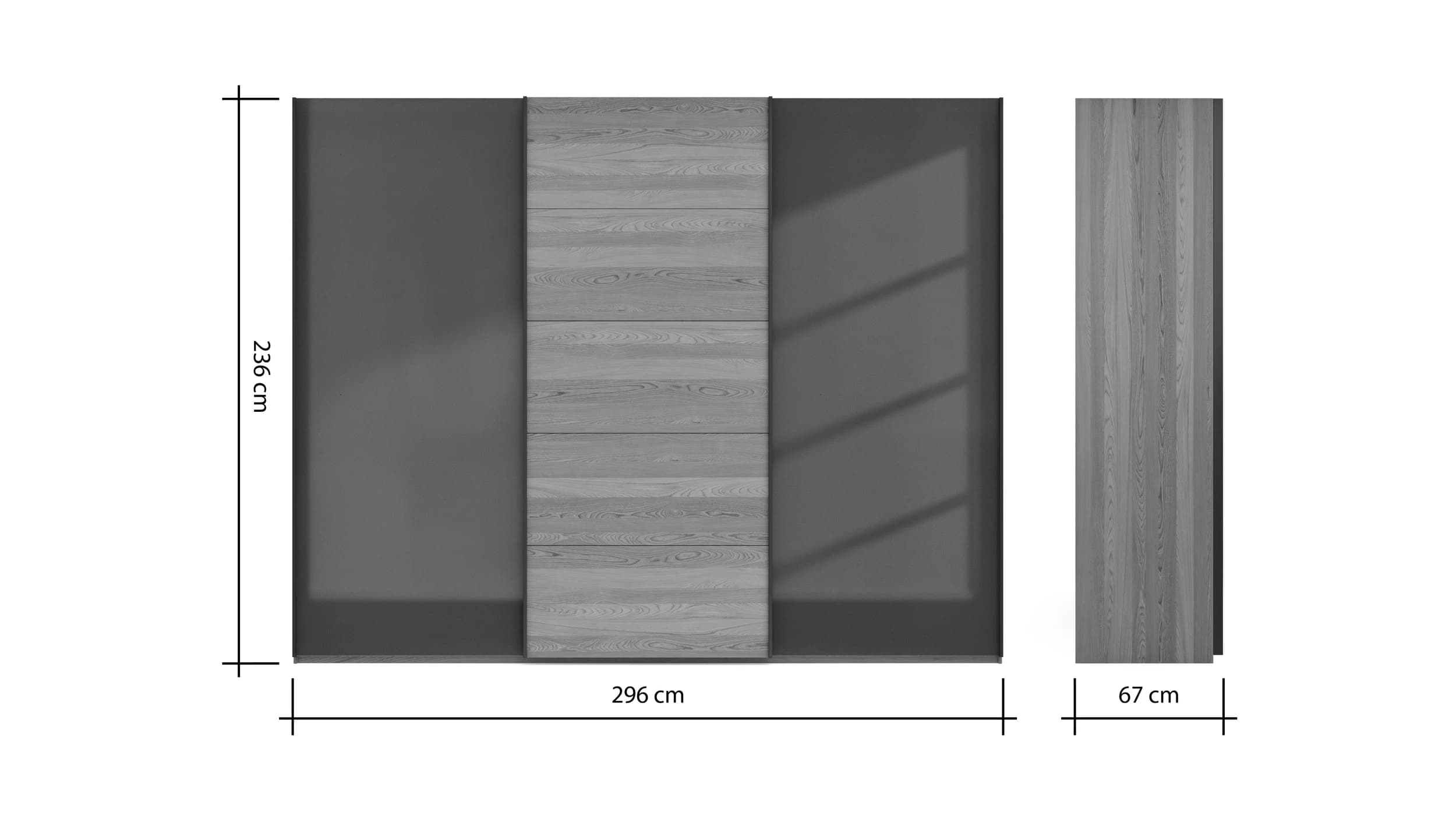 Schwebetürenschrank Lenoso - B. ca. 300 cm, Eiche massiv, Glas Dunkelbraun