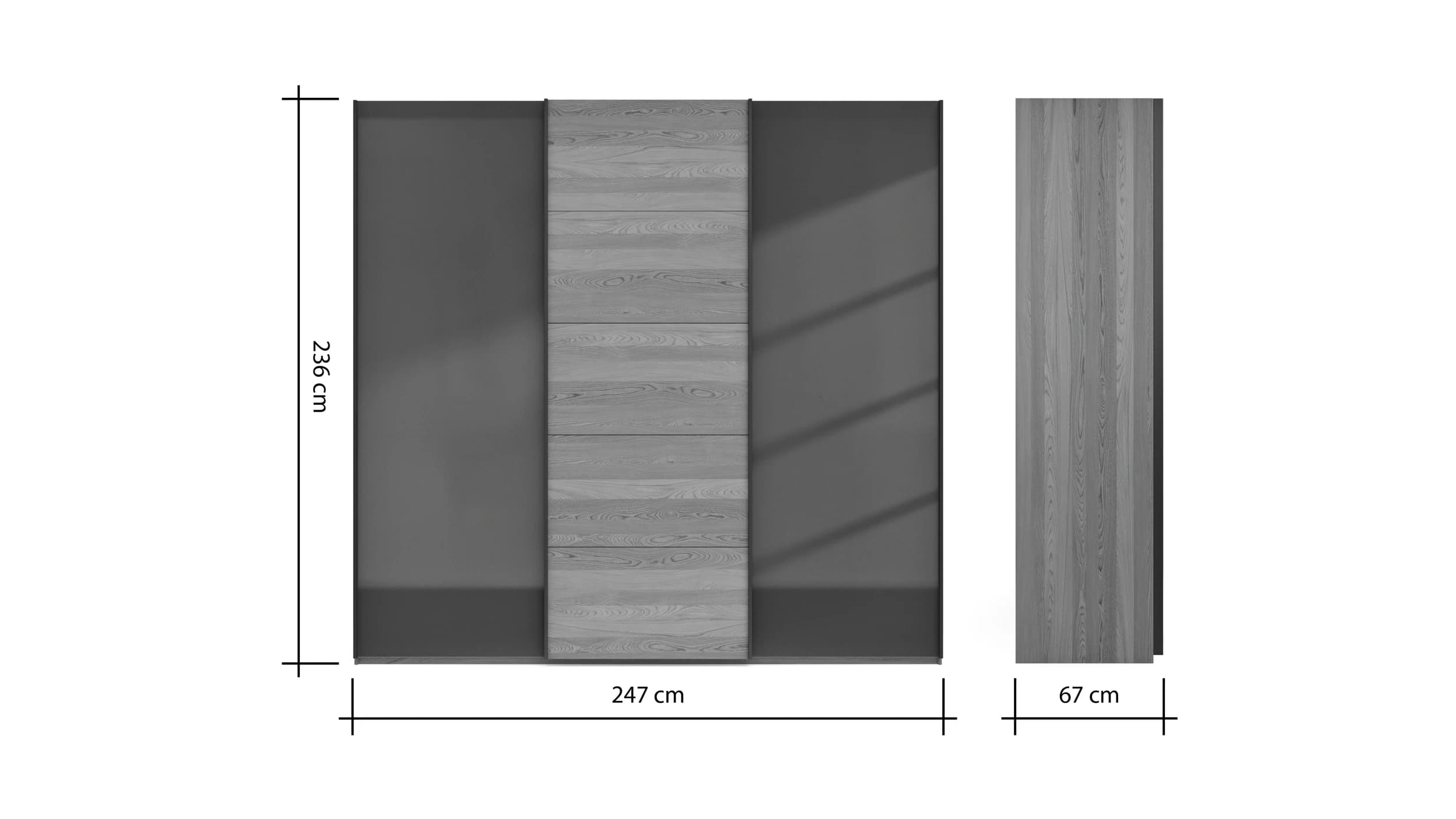 Schwebetürenschrank Lenoso - B. ca. 250 cm, Eiche massiv, Glas Dunkelbraun