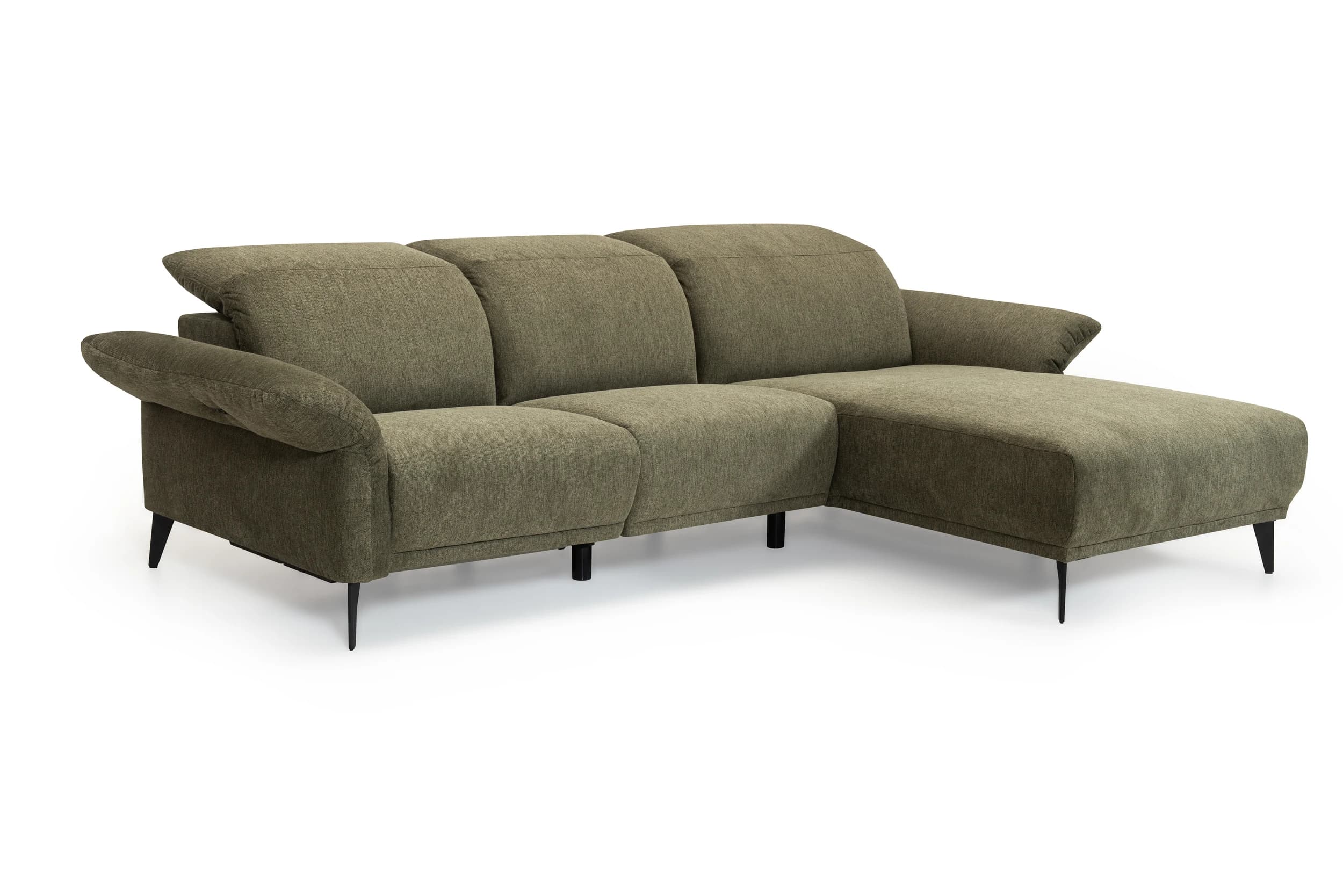 Ecksofa - 2,5-Sitzer mit Longchair rechts, Kopfteil verstellbar, Stoff, Grün