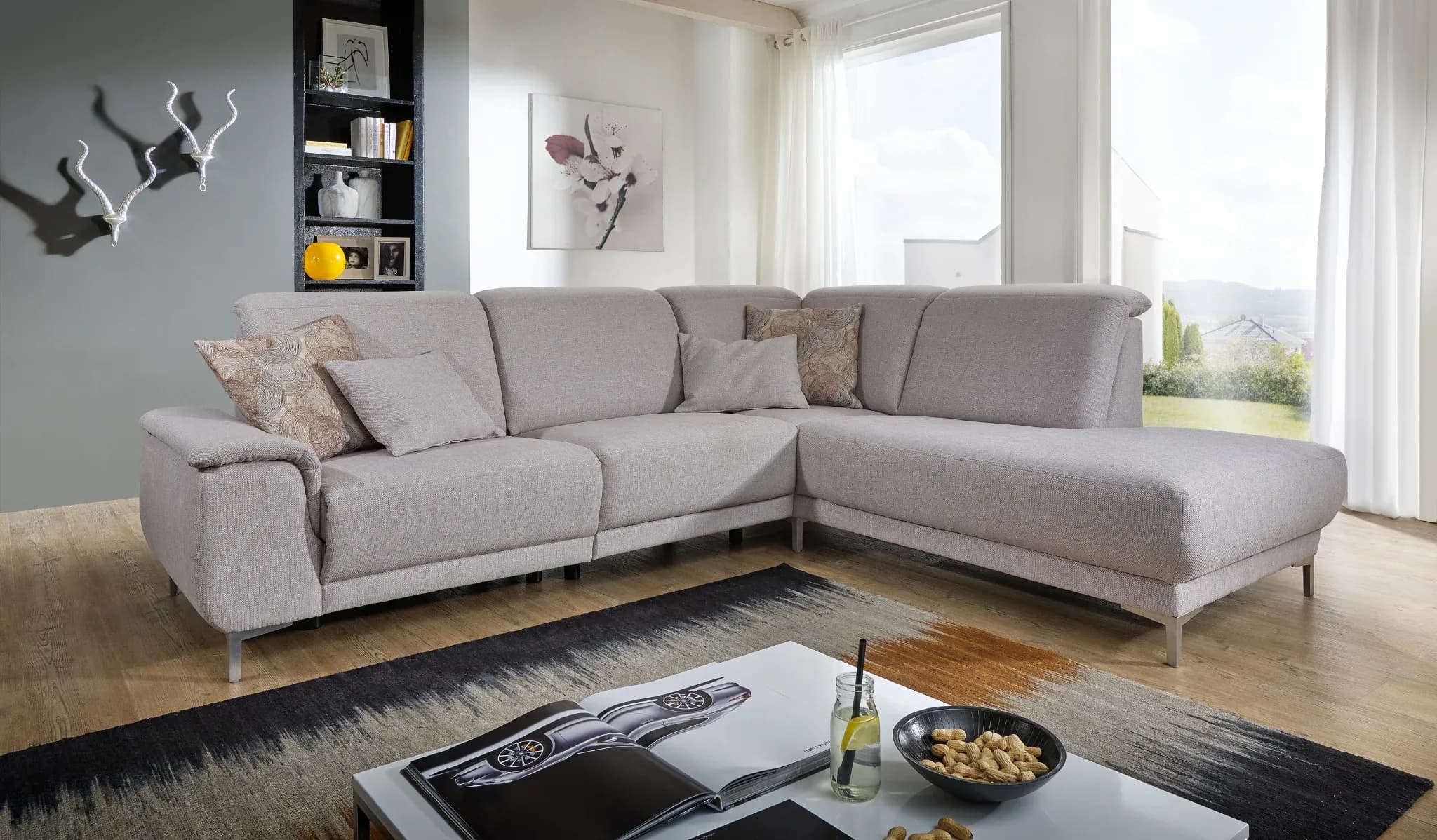 Ecksofa - 2-Sitzer mit Ecke rechts, Stoff, Beige