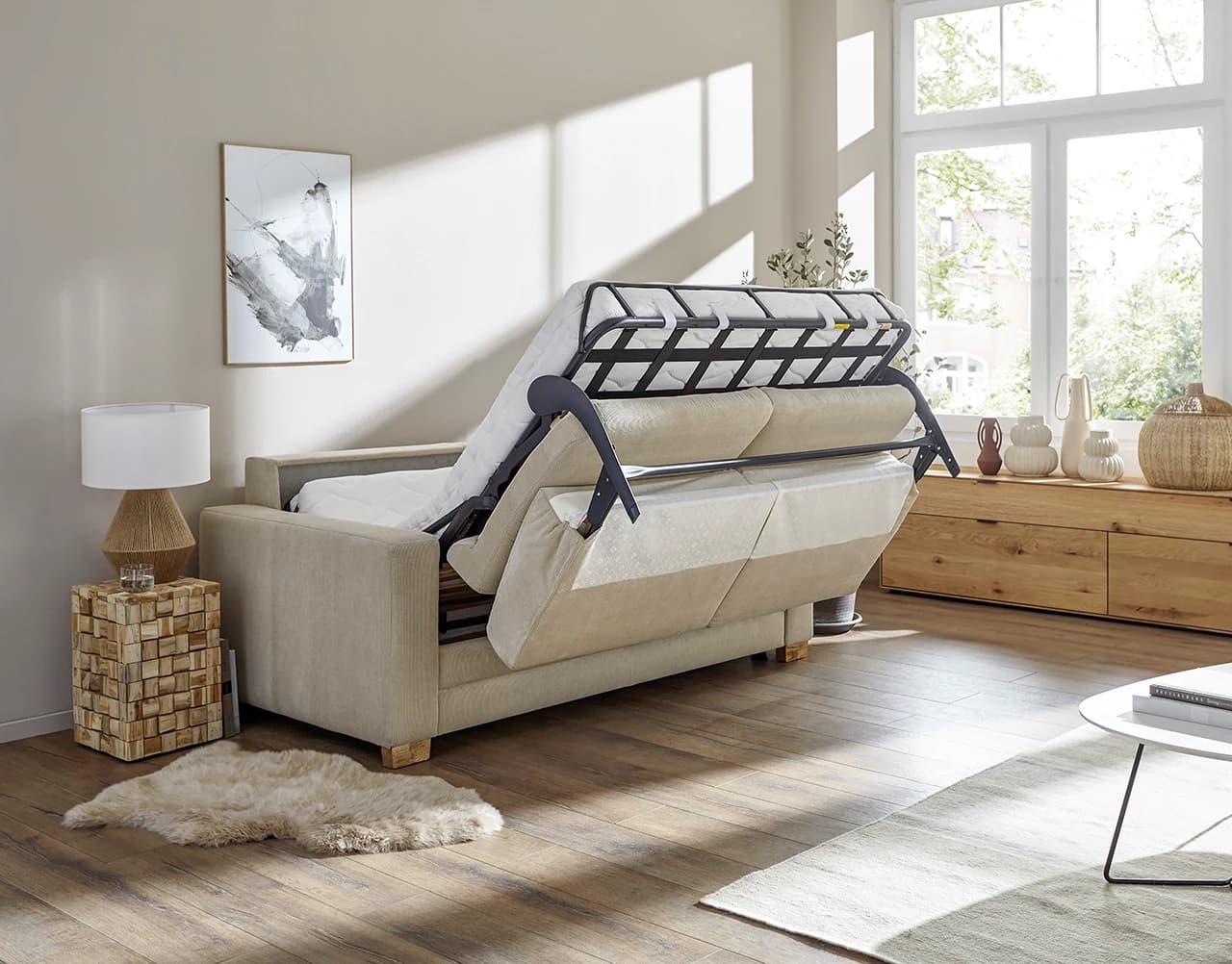 Sofa Lakeville 1 - 2-Sitzer inkl. Schlaffunktion, Gestell Schwarz, Stoff, Beige