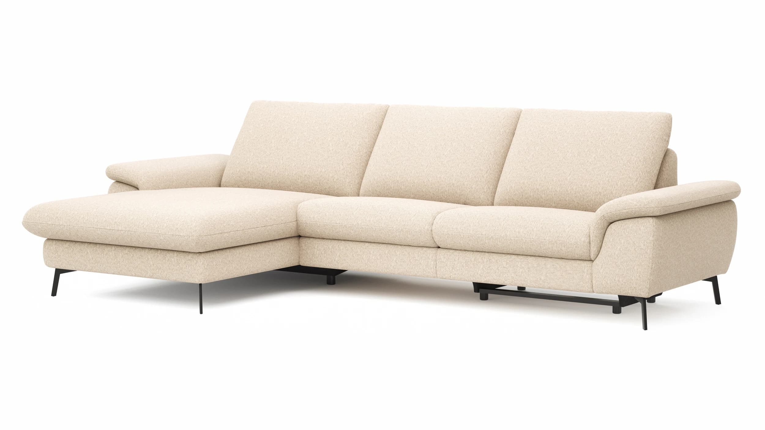 Ecksofa Gotera - Longchair groß mit 1,5-Sitzer med + 1,5-Sitzer med rechts inkl. Schlaffunktion (teilmotorisch), Armlehne klappbar, Rückenlehne verstellbar  und einmal Relaxfunktion (teilmotorisch), Stoff, Creme