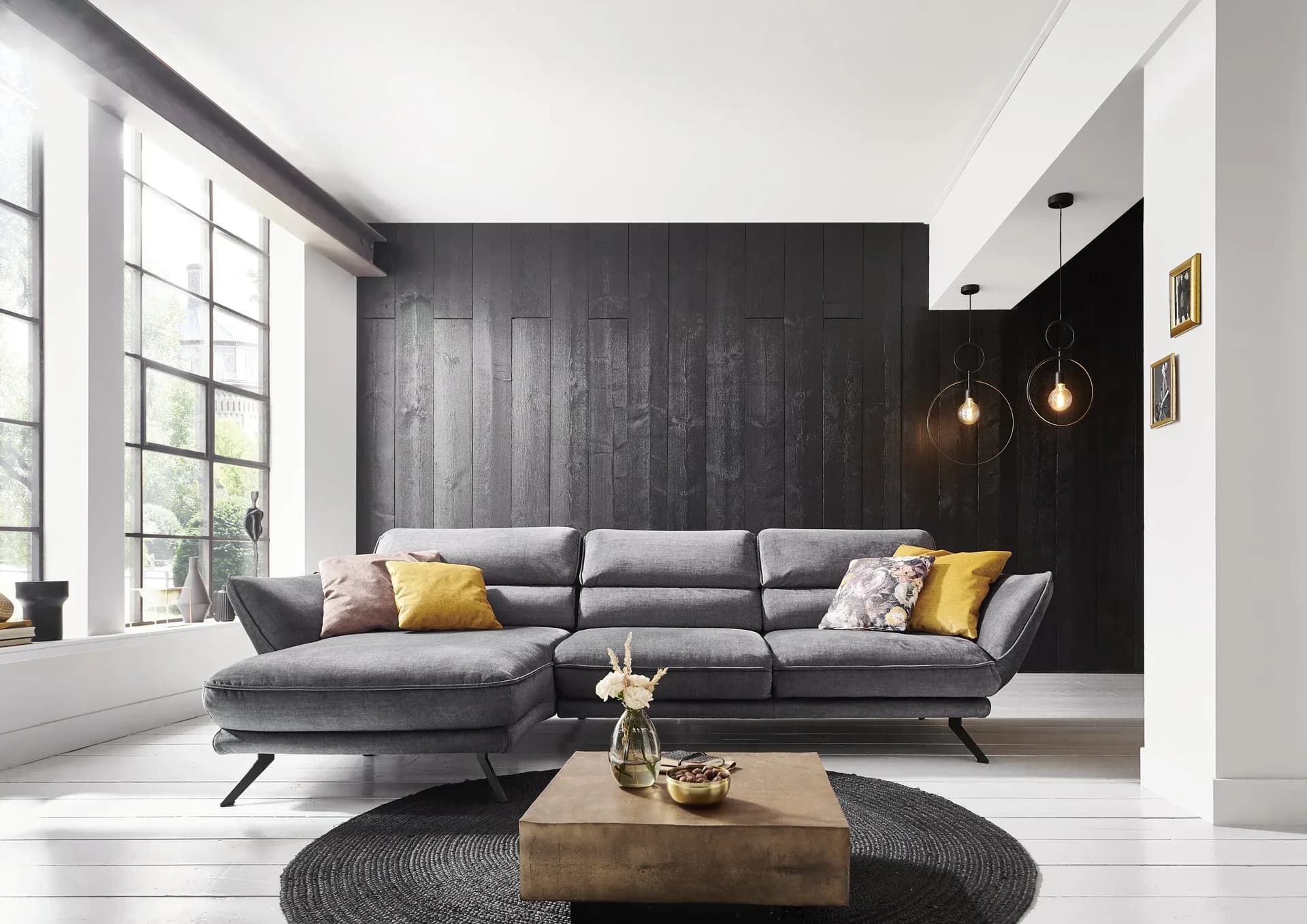 Ecksofa - Longchair links mit 2,5-Sitzer, inkl. Kopfteil verstellbar, Stoff, Grau