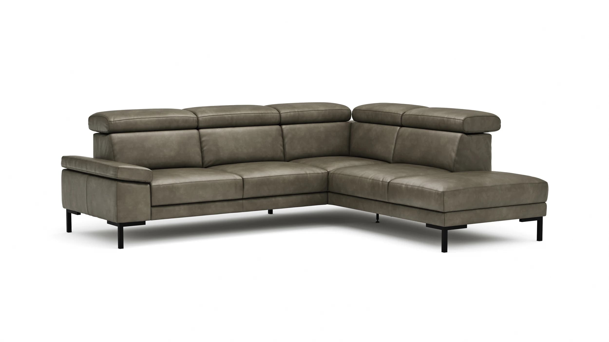 Ecksofa Hudson - 2,5-Sitzer mit Ecke rechts, inkl. Kopfteil verstellbar, Leder, Braungrün