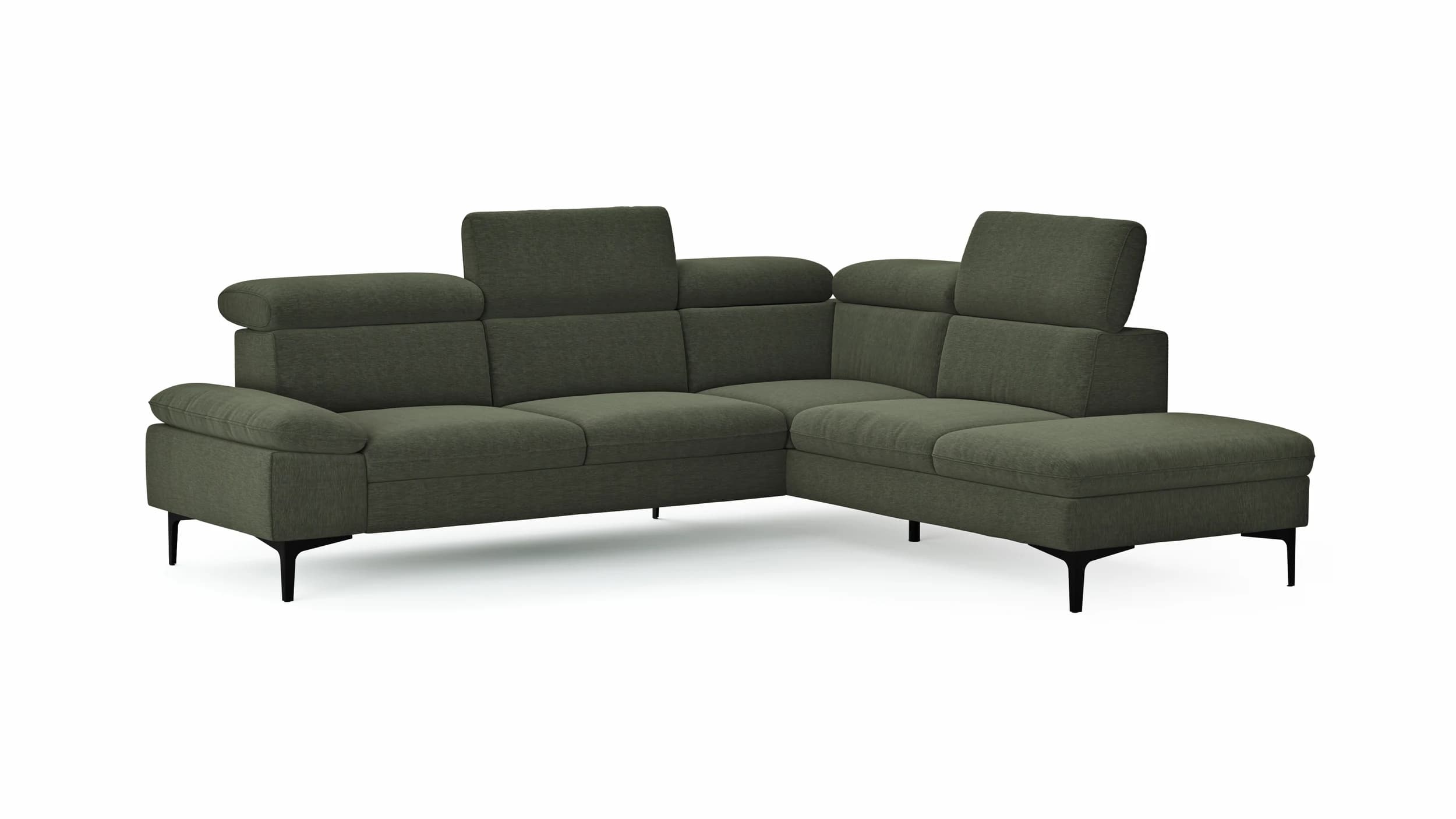 Ecksofa Felipa - 2,5-Sitzer mit Ecke rechts inkl. Kopfteil verstellbar, Stoff, Dunkelgrün