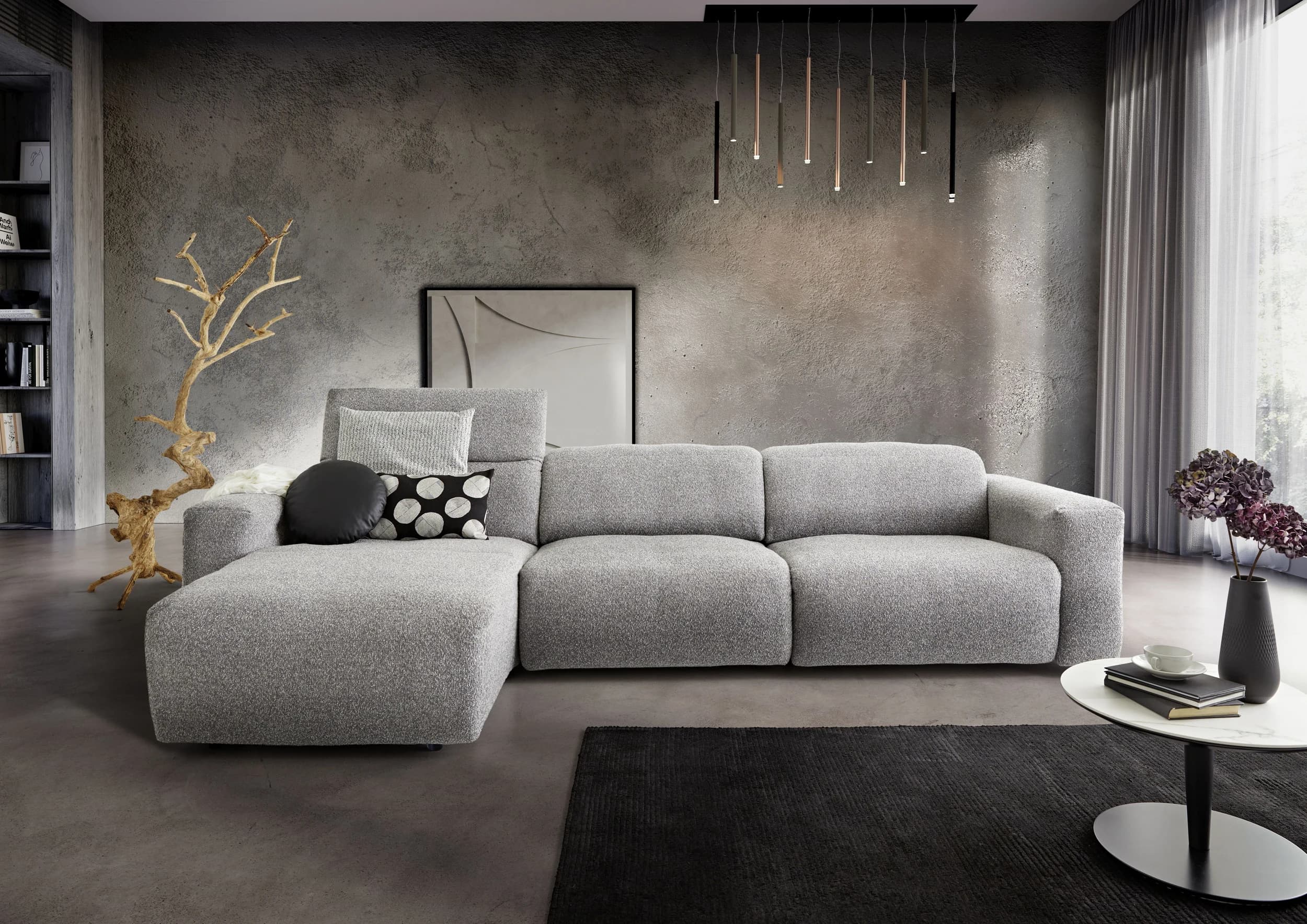 Ecksofa - Longchair links mit 2-Sitzer, Stoff, Hellgrau
