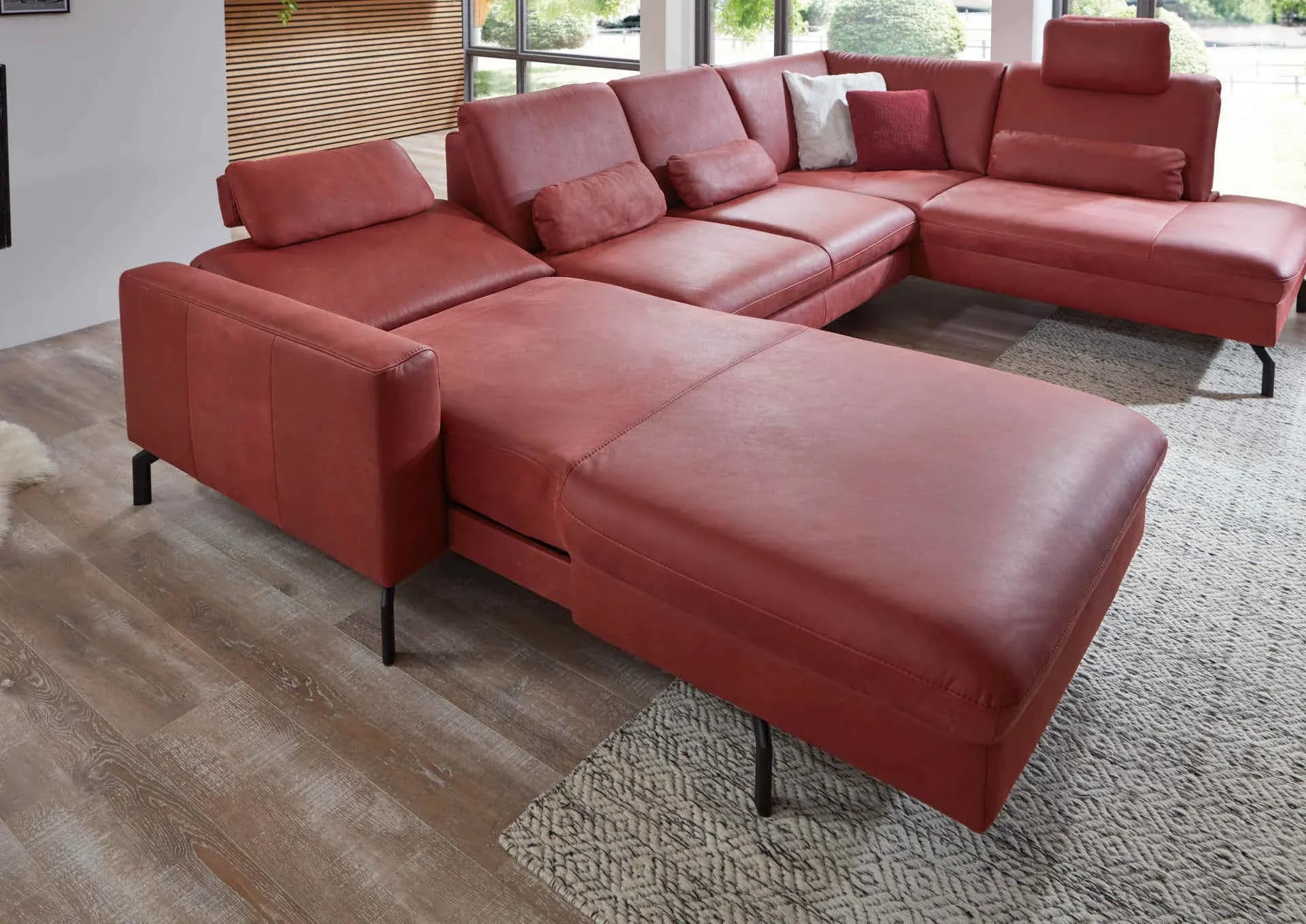 Wohnlandschaft - Longchair links mit 2,5-Sitzer und Ecke rechts, inkl. Relaxfunktion motorisch, Sitztiefe verstellbar, Leder, Rot