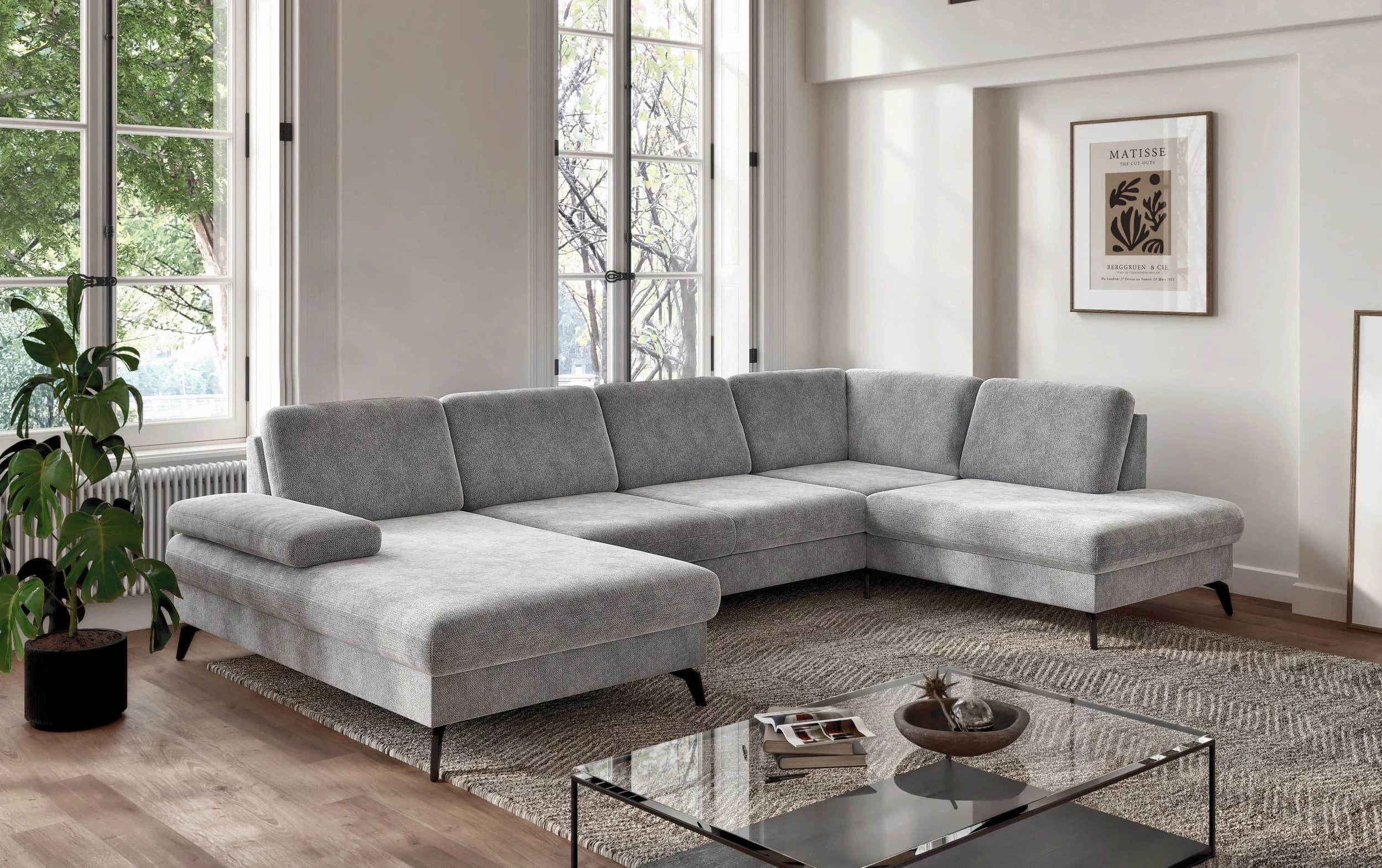 Wohnlandschaft - Longchair links mit 2,5-Sitzer und Ecke rechts, Stoff, Silbergrau