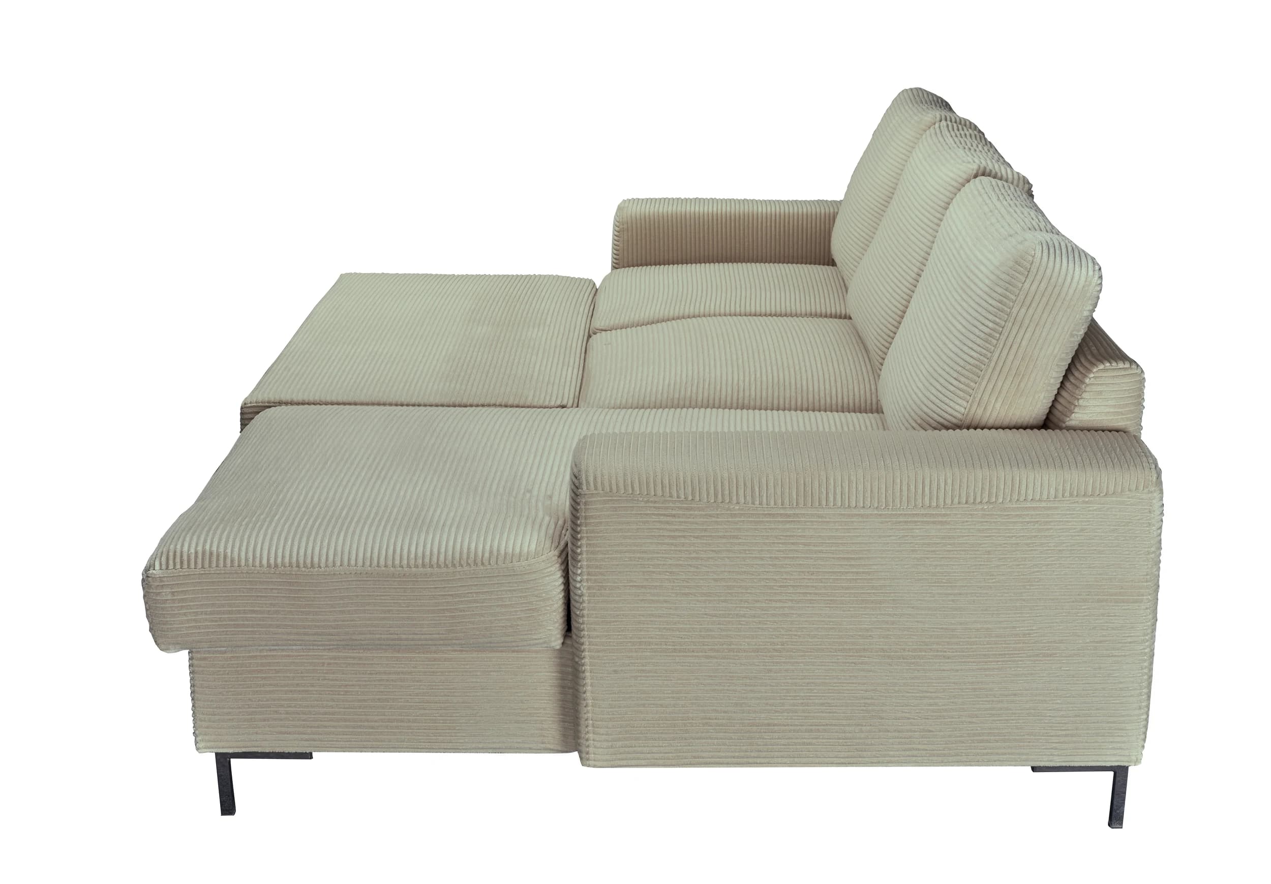 Ecksofa - 2-Sitzer mit Longchair rechts, Schlaffunktion mit Bettkasten, Stoff, Creme