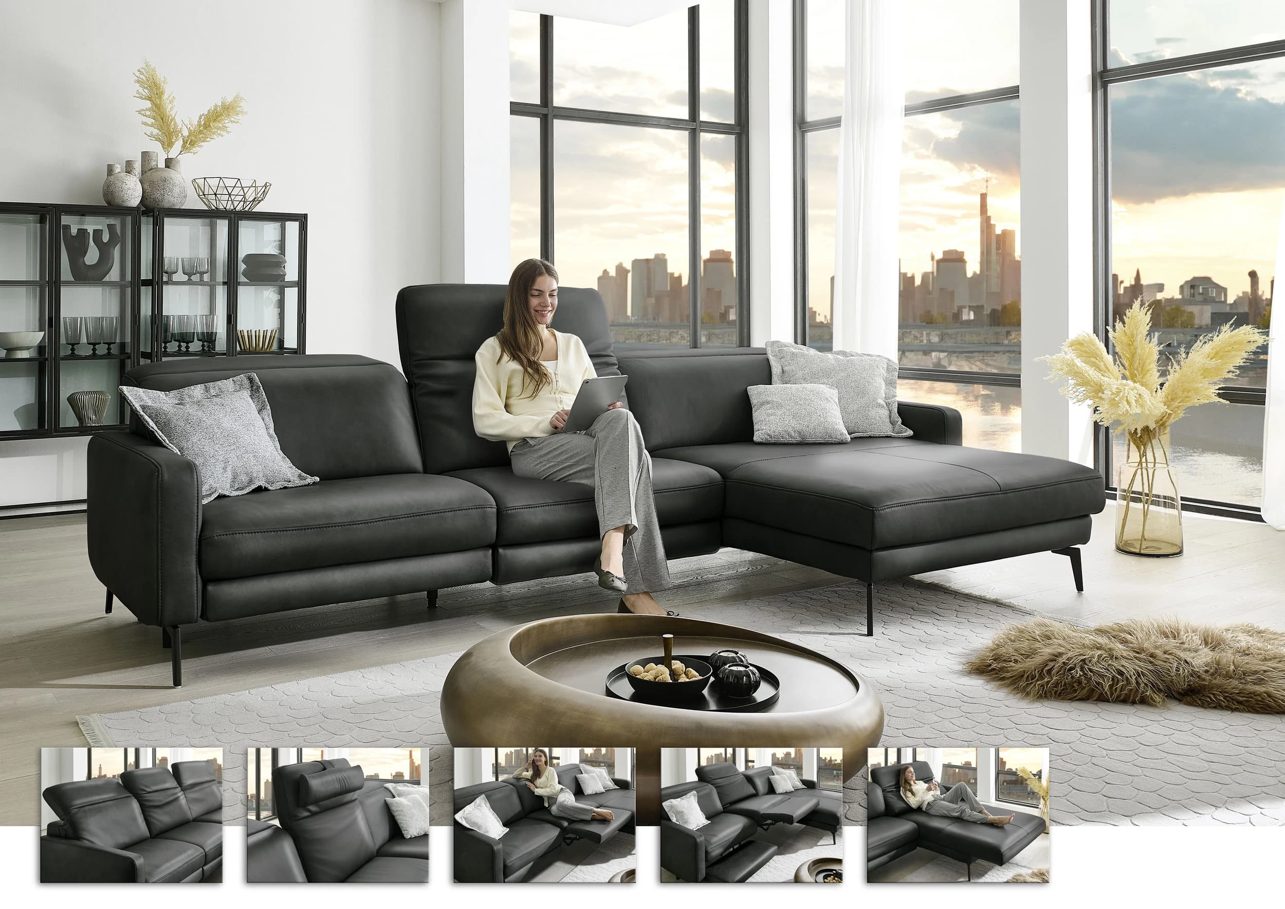 Ecksofa -3-Sitzer mit Longchair rechts, Kopfteil verstellbar, Leder, Anthrazit