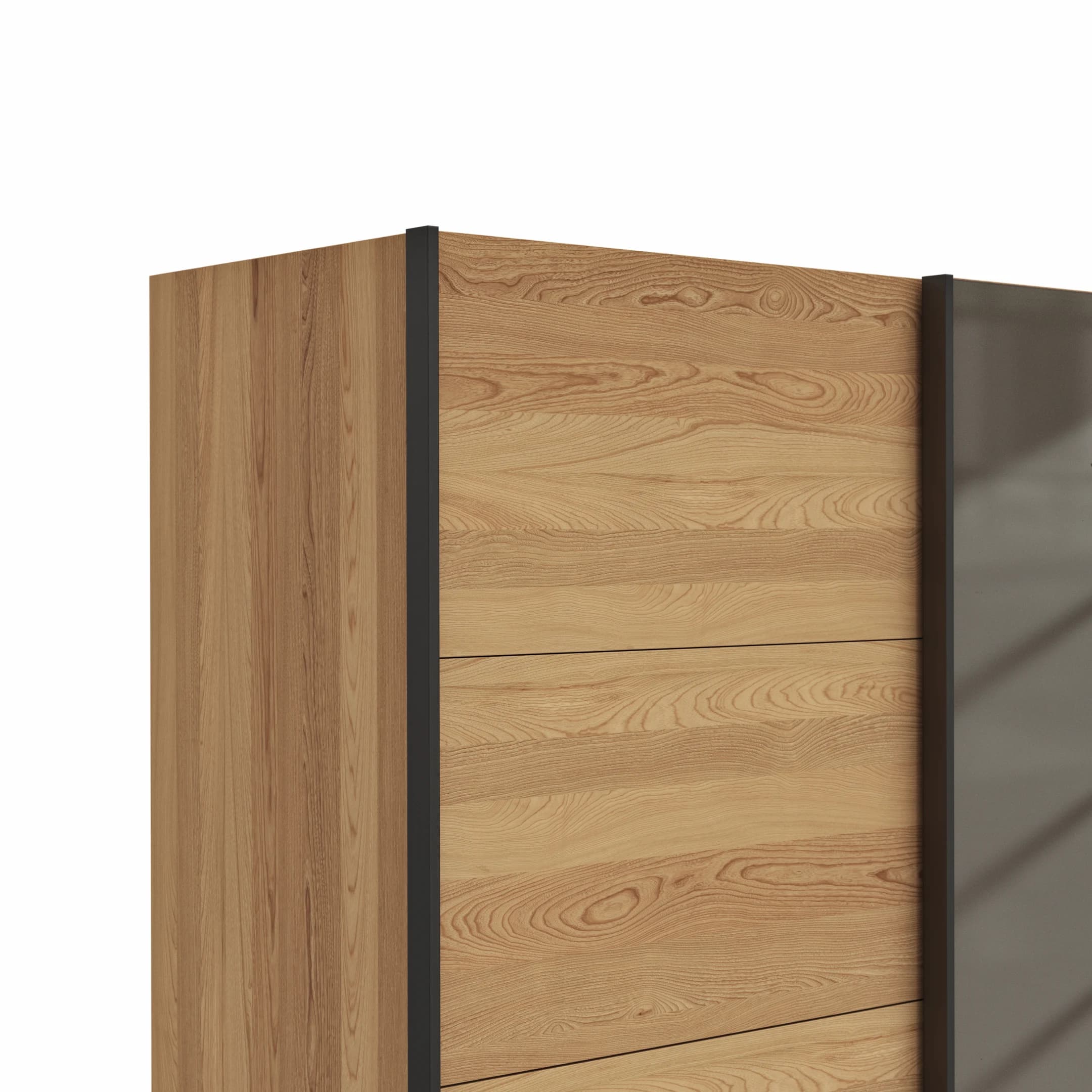 Schwebetürenschrank Lenoso - B. ca. 330 cm, Eiche massiv, Glas, Graubraun