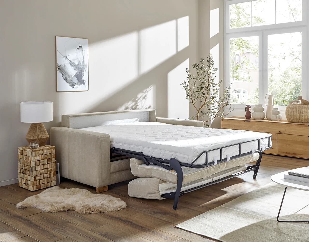 Sofa Lakeville 1 - 2-Sitzer inkl. Schlaffunktion, Gestell Schwarz, Stoff, Beige