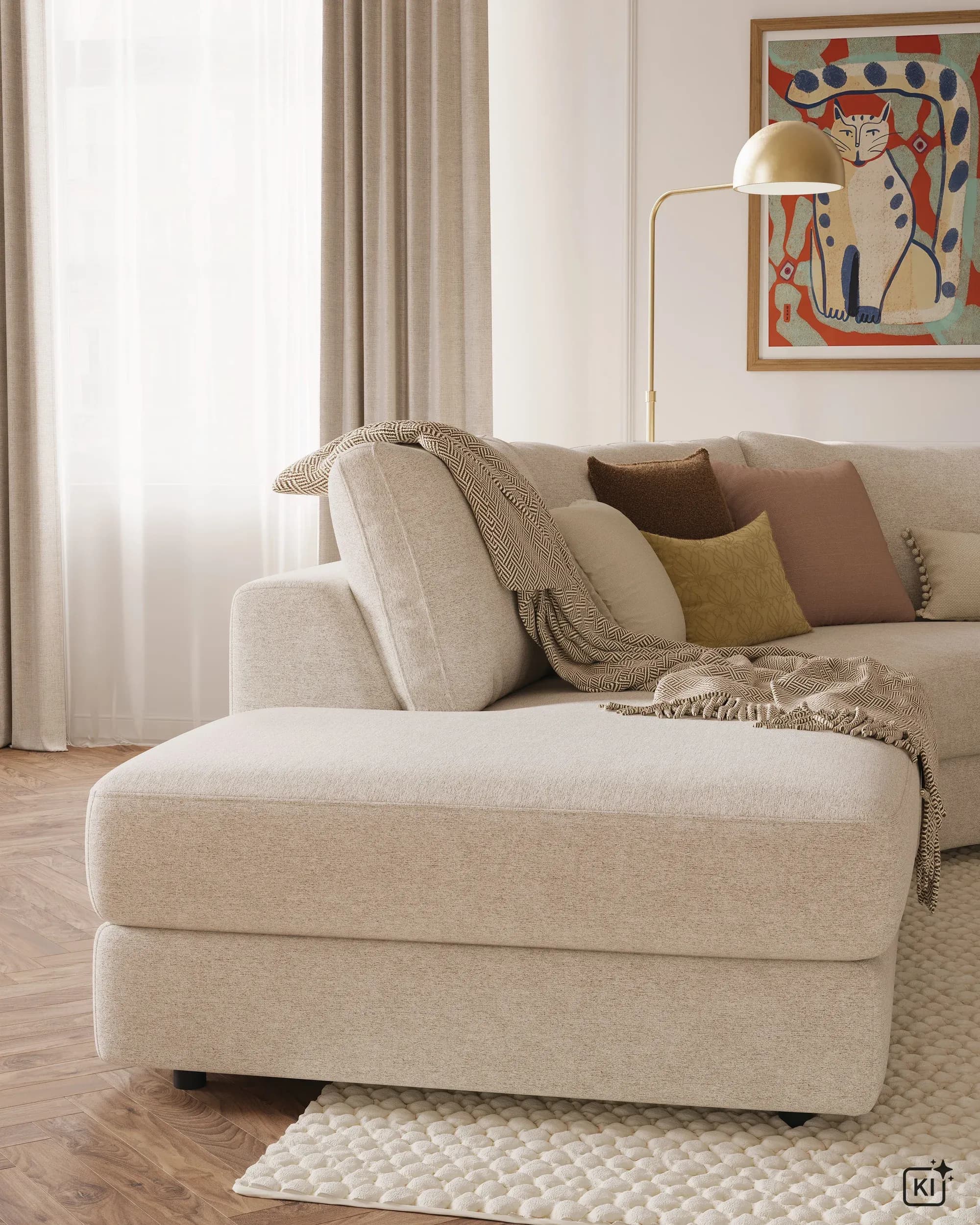 Ecksofa Almeria - Rundecke und Abschlussteil mit 2-Sitzer rechts, Stoff, Offwhite