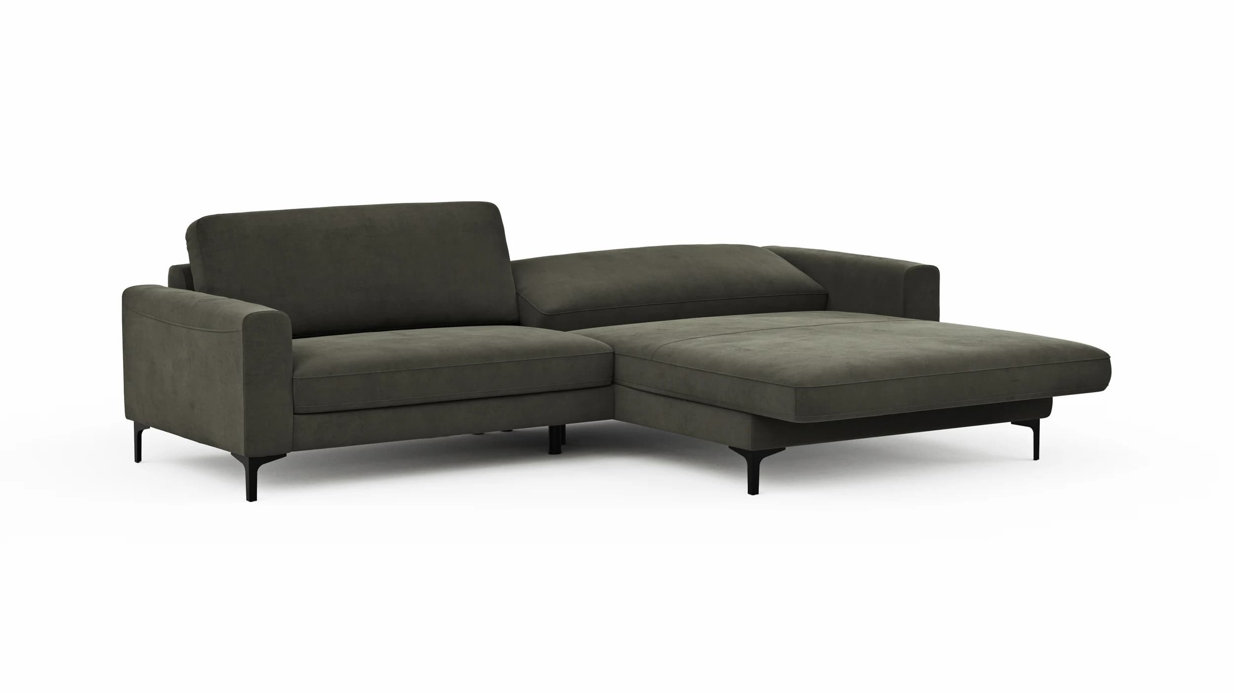 Ecksofa Oviedo - 1,5-Sitzer mit Longchair rechts inkl. Relaxfunktion (motorisch), Stoff, Braungrün