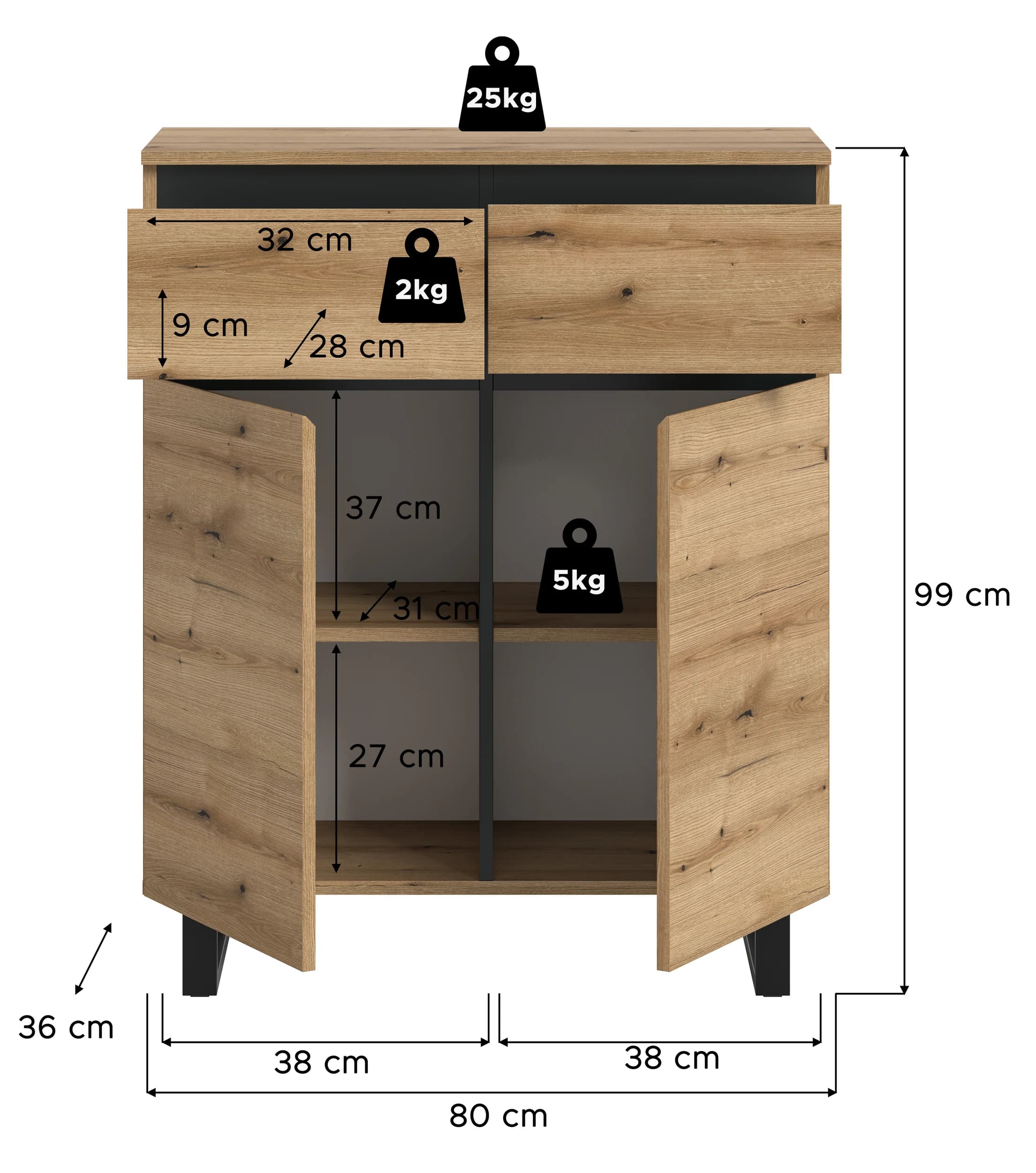 Kommode - B ca. 80 cm, Evoke Eiche Nachbildung, Schwarz